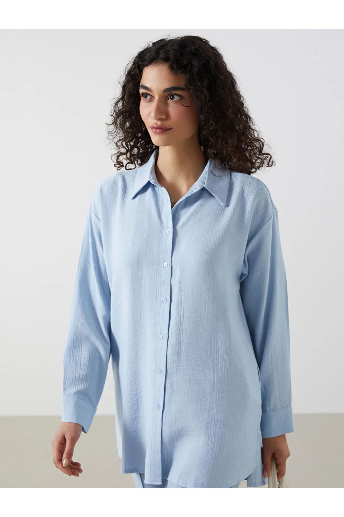 LC Waikiki LCW Modest Mavi Oversize Kadın Gömlek Tunik