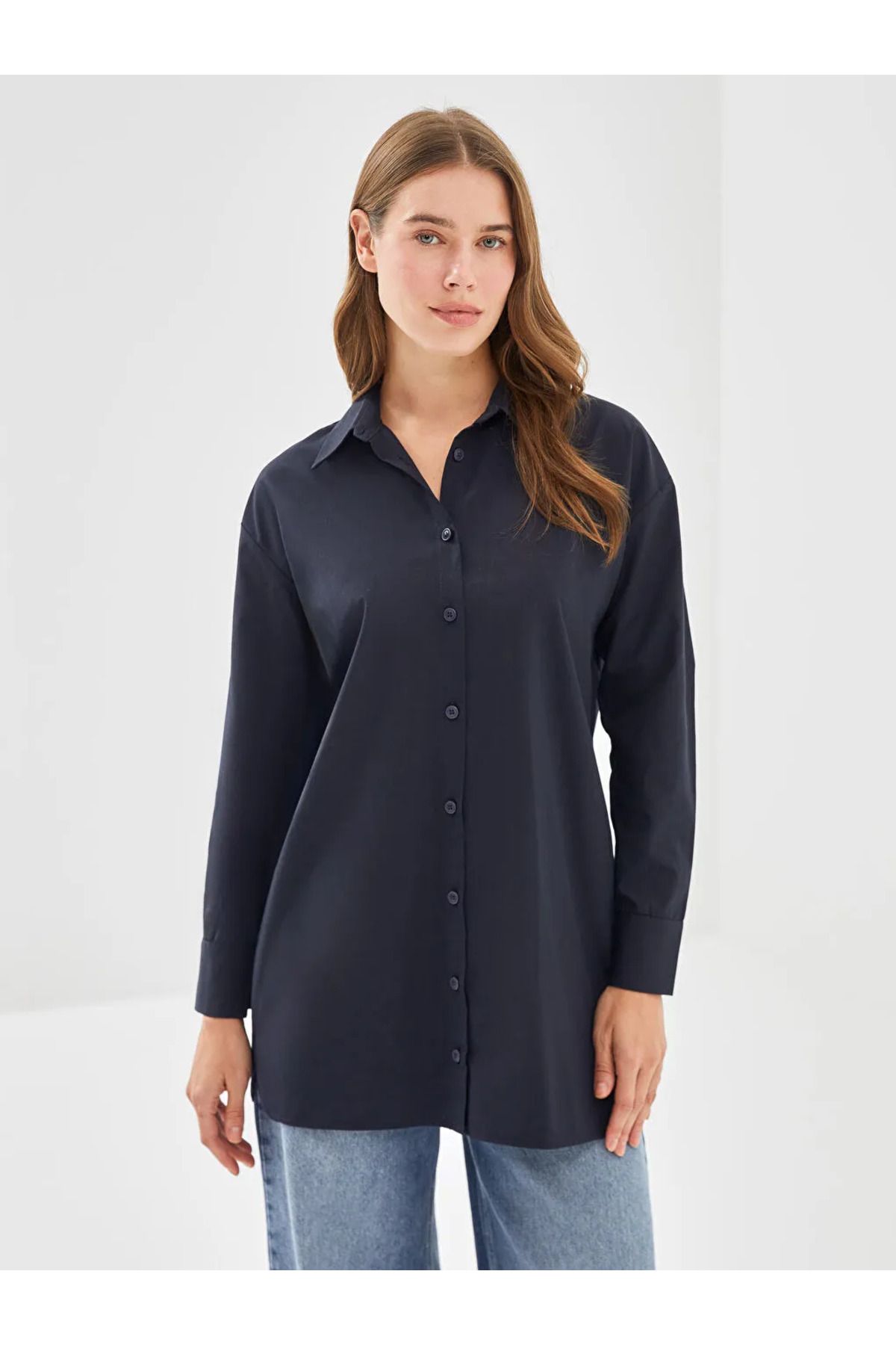 LC Waikiki Lacivert Oversize Poplin Kadın Gömlek Tunik