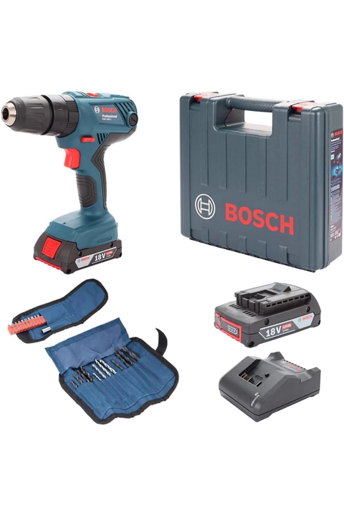Bosch Akülü Darbeli Matkap GSB 180-LI– 2 x 2,0 Ah Akü - 23 Parça Profesyonel Matkap