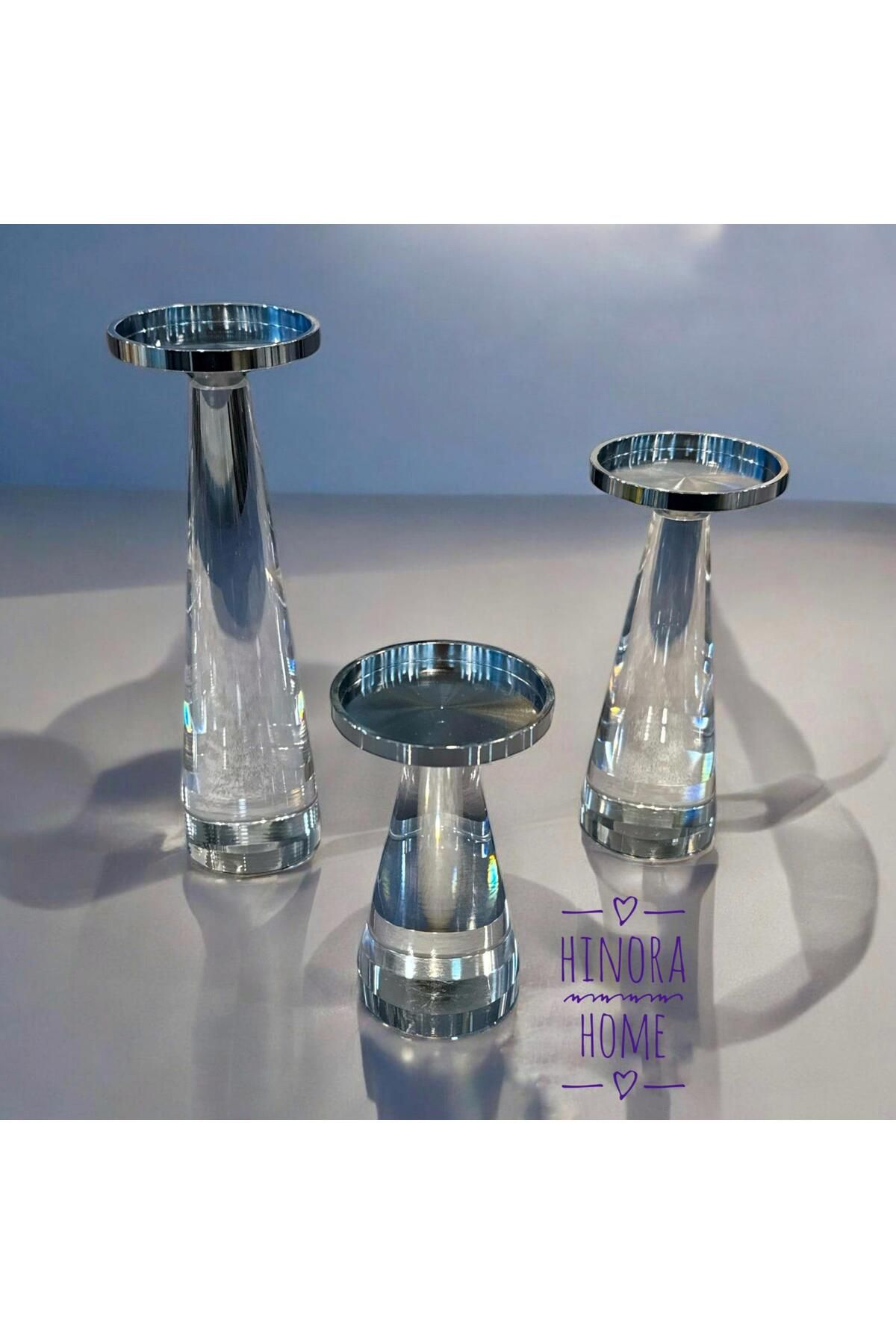 Hinora Şeffaf Kristal Dekoratif 3Lü Şamdan Mumluk Set 12-16-20cm