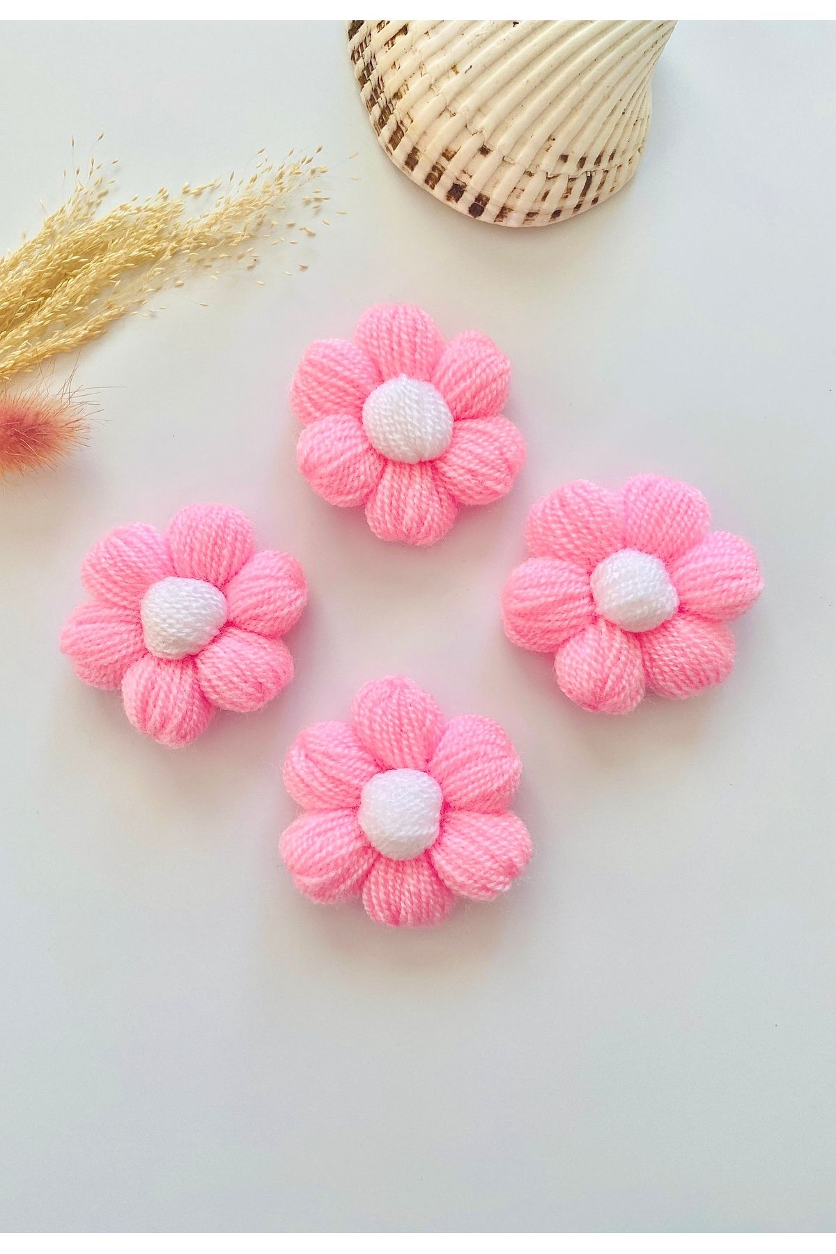 seyranat 4 Adet Pembe Örgü Papatya Çiçek Motifi-Çapı 5 cm Papatya Toka Objesi-Süsleme için Örgü Papatya