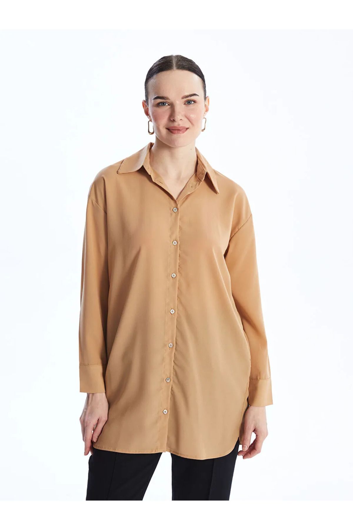 LC Waikiki Kahverengi Düz Uzun Kollu Oversize Kadın Gömlek Tunik