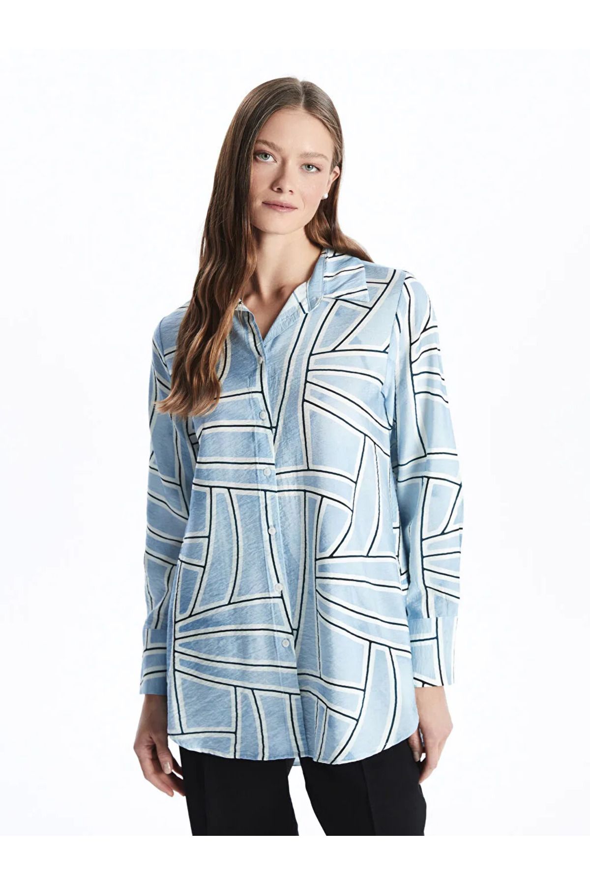 LC Waikiki LCWAIKIKI Classic Mavi Desenli Kadın Gömlek Tunik
