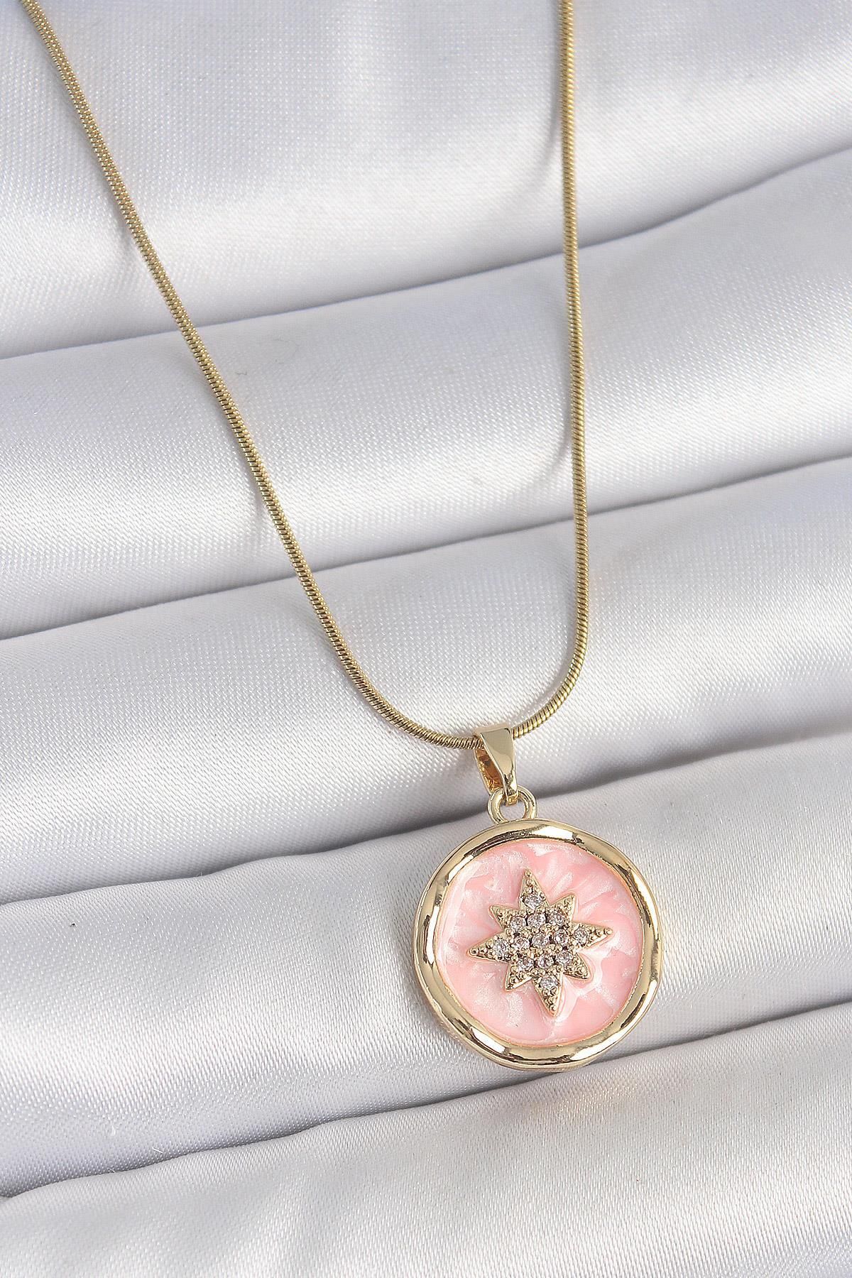 prativas 316L Çelik Gold Renk Zincir Pembe Mineli Zirkon Taşlı Kuzey Yıldız İşlemeli Madalyon Model Kadın Kol