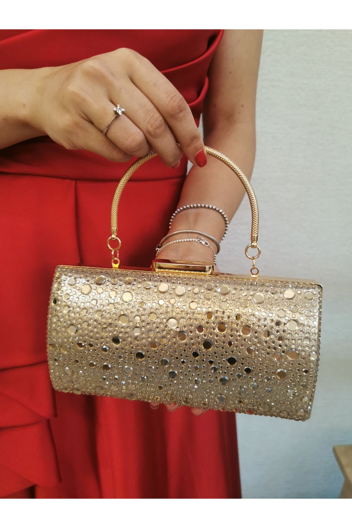 NAZART Kadın Taşlı Altın Gold Abiye Clutch Zincir Askılı El Düğün Nişan Gece Omuz Çantası
