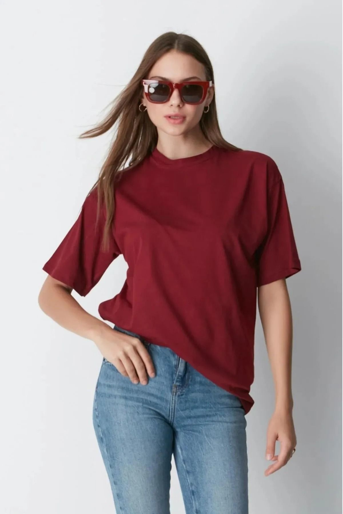 Cotton Candy Süper Kalite Kadın %100 Pamuk Mint Bisiklet Yaka Oversize Boyfriend T-shirt