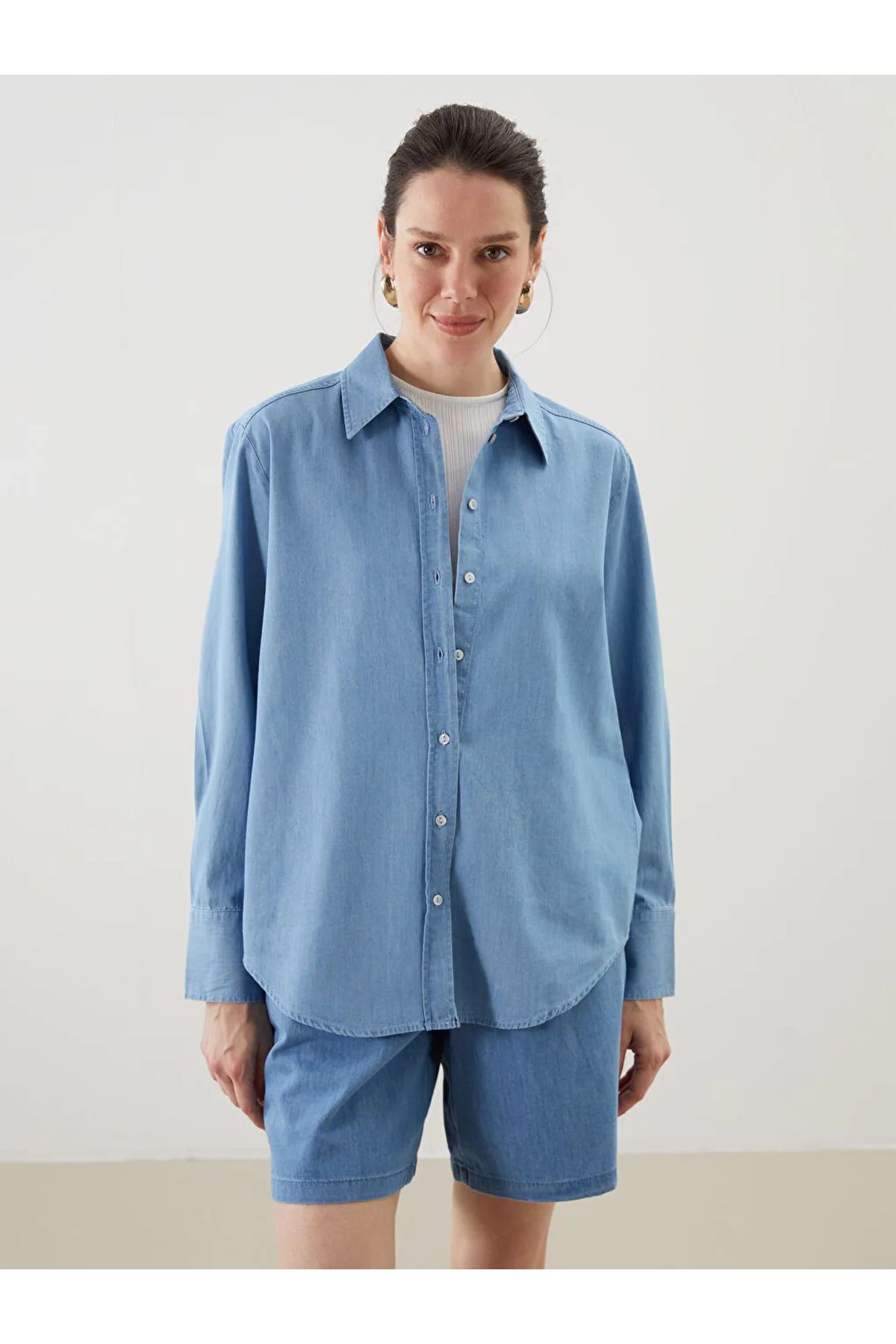 LC Waikiki LCWAIKIKI Classic Indigo Gömlek Yaka Kadın Jean Tunik