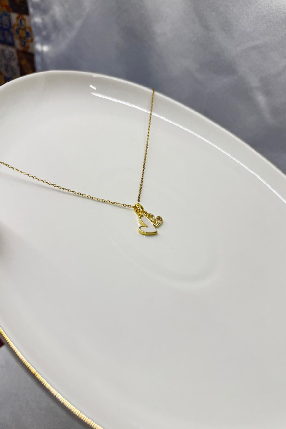 Feraye Aksesuar Zirkon Taşlı Çift Kalp Model Çelik Kolye Gold