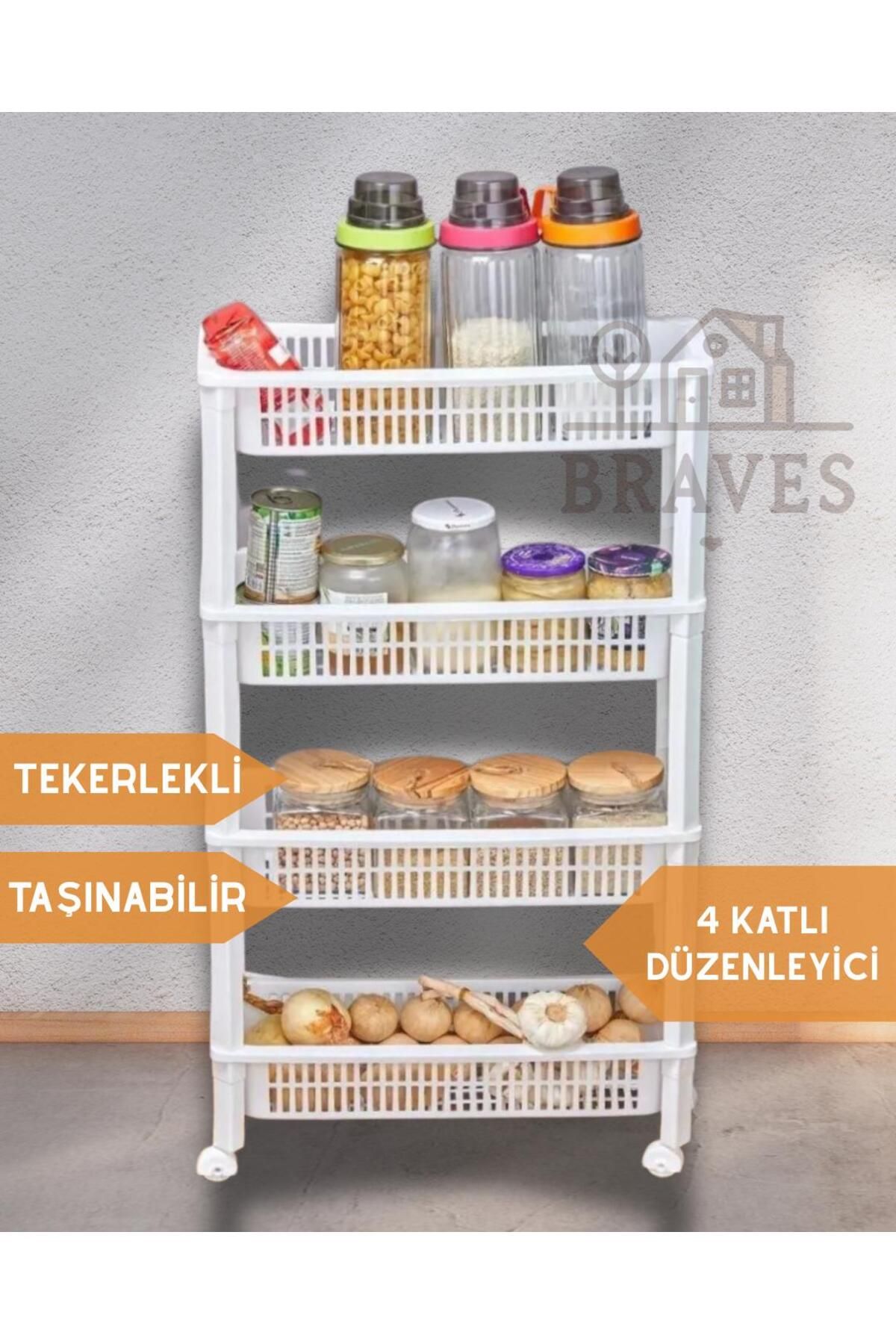 BRAVES Tekerlekli 4 Katlı Raf Beyaz Mutfak Organizer Plastik Taşınabilir Sürülebilir Mutfak Organizeri