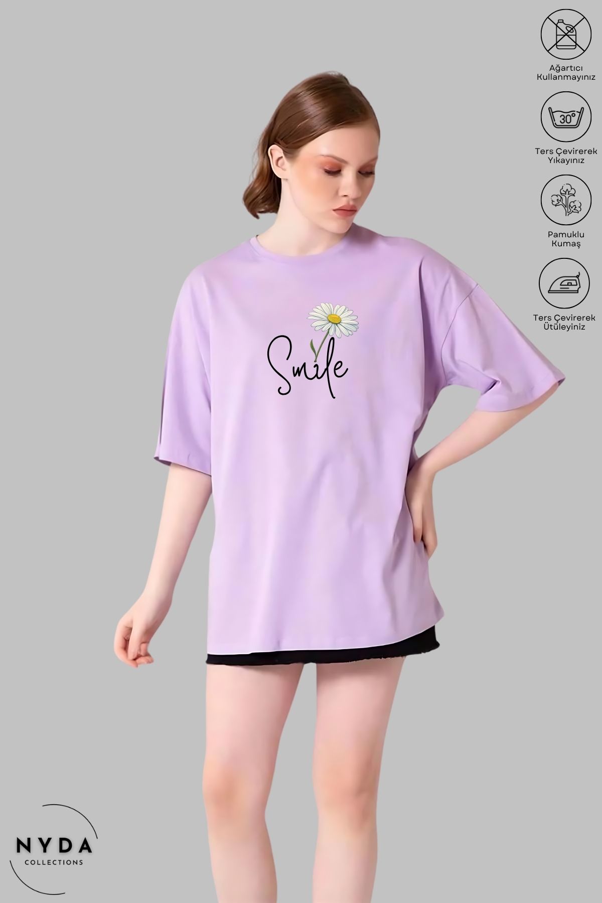 Nyda Collections Kadın Bisiklet Yaka Papatya Smile Baskılı Pamuk Oversize Kısa Kollu Tişört