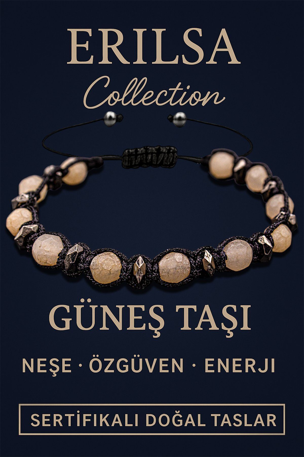 Erilsa Sertifikalı Fasetli Terahertz & Güneş Taşı Bileklik – Özgüven, Canlılık ve Koruyucu Enerji