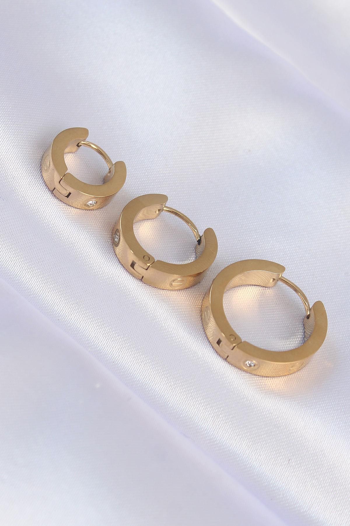prativas 316L Çelik Gold Renk Zirkon Taşlı Model 3lü Halka Küpe