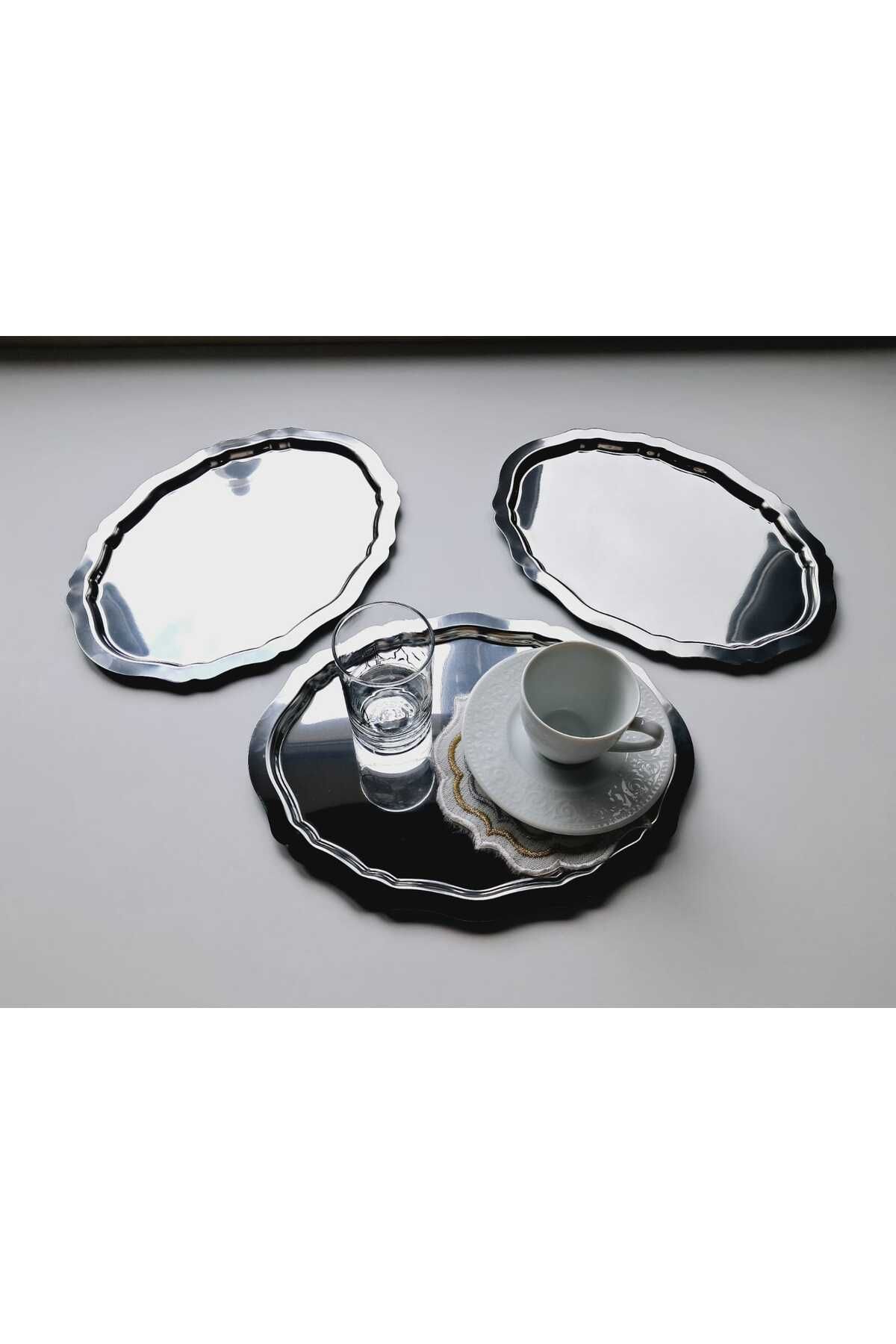 Elk Home 20*25 CM PASLANMAZ ÇELİK OVAL 3 ADET ÇAY KAHVE SUNUM TEPSİSİ DEKORATİF ŞIK