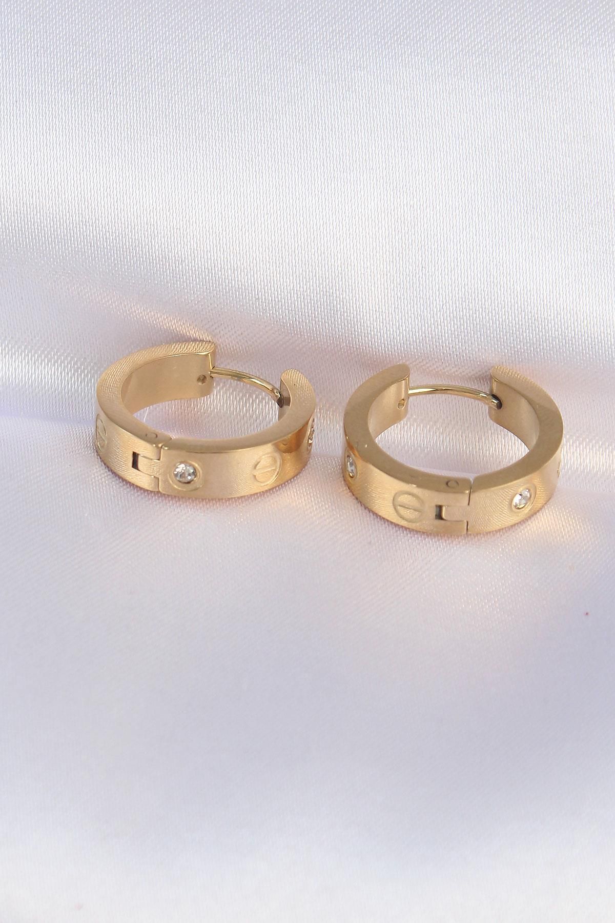 prativas 316L Çelik Gold Renk Zirkon Taşlı Model Halka Küpe