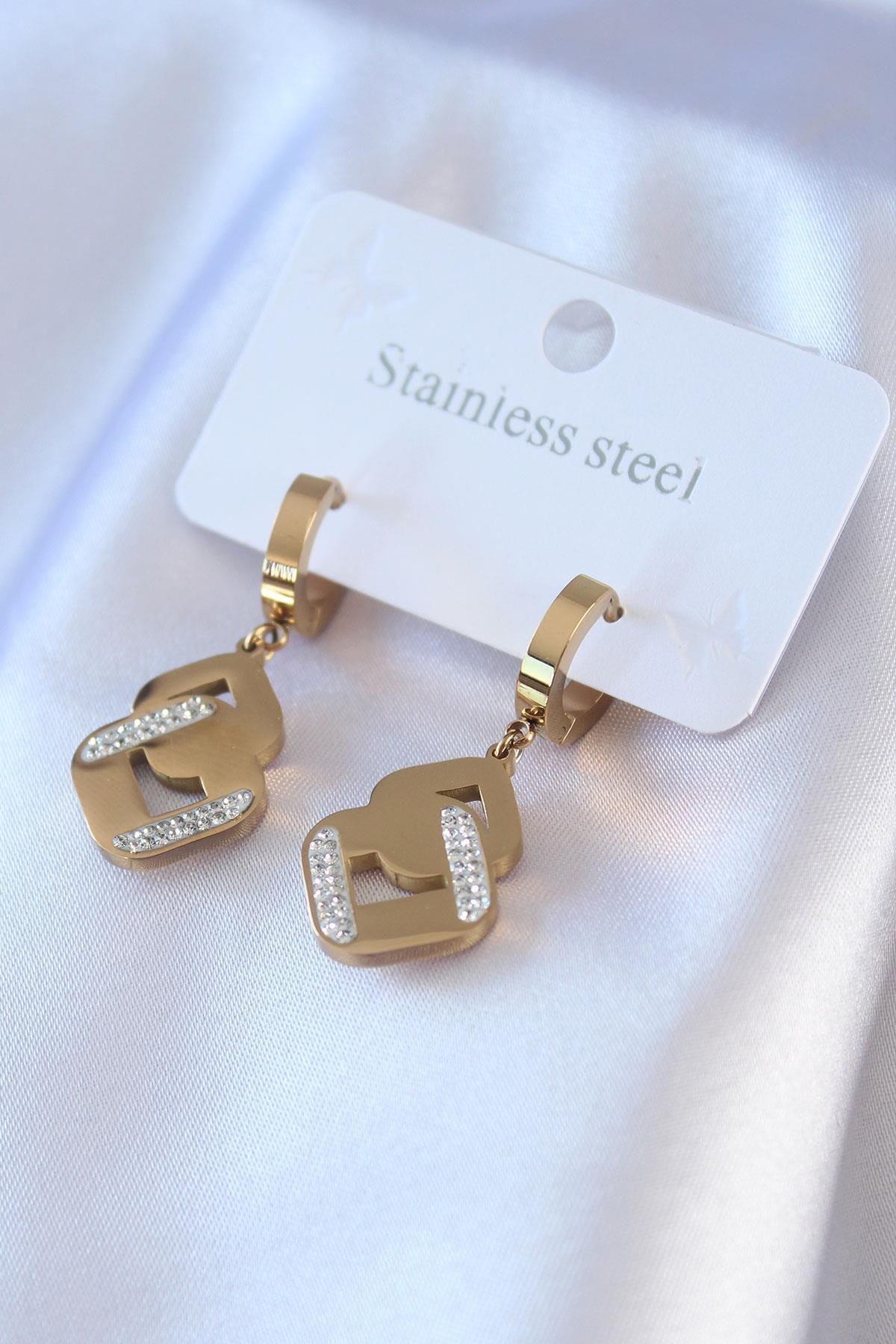 prativas 316L Çelik Gold Renk Zirkon Taşlı Kadın Küpe