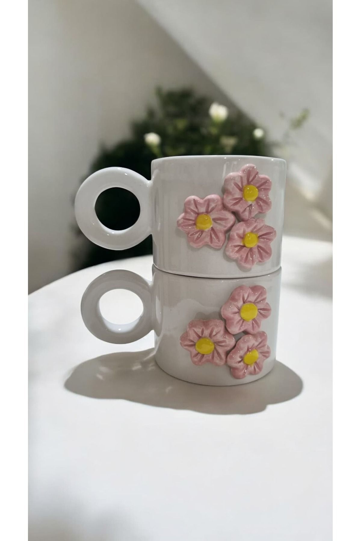 seda seramik El Yapımı 2 li Seramik Splash Kabartmalı Double Espresso Kahve Kupa Bardak Mug 200 ML
