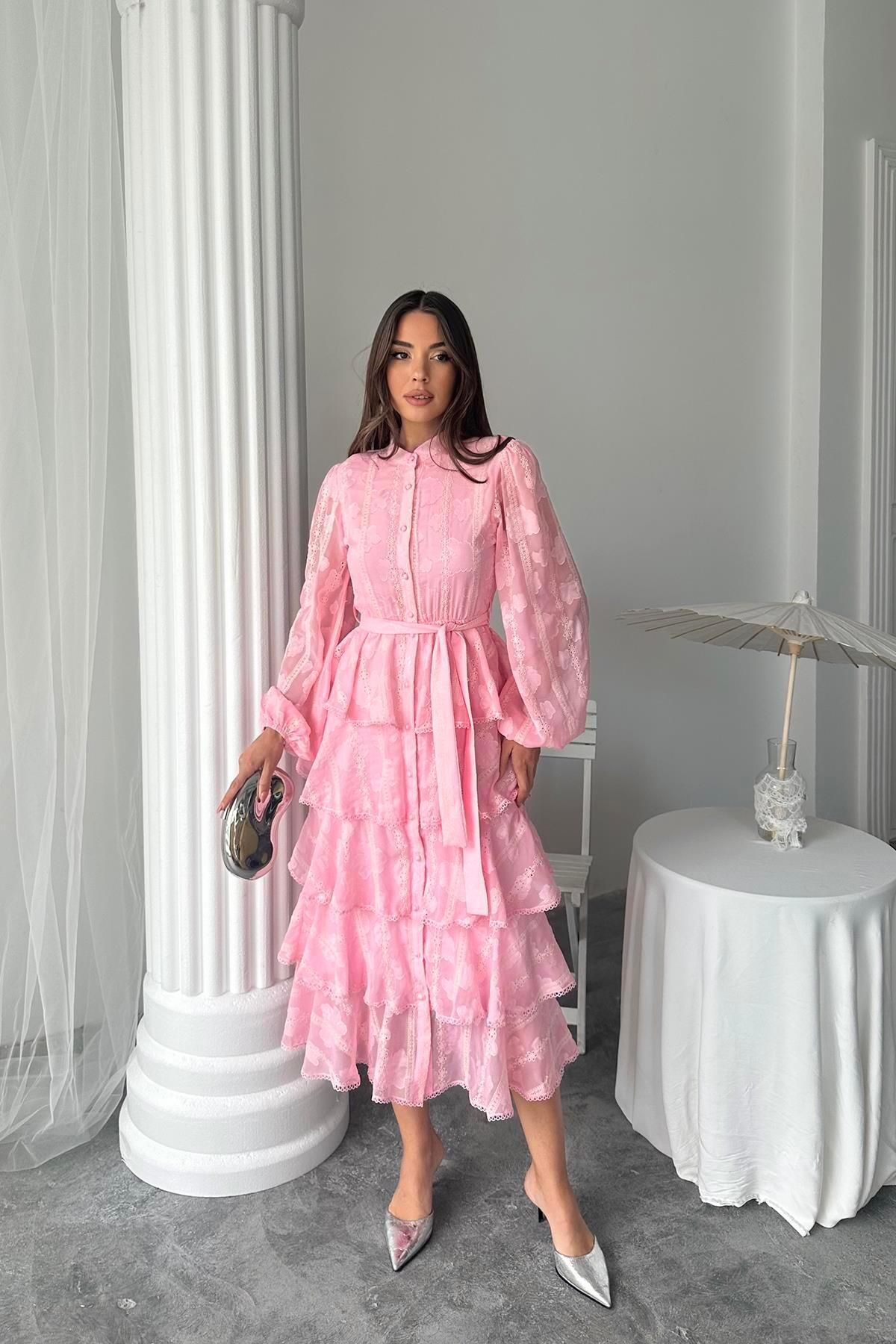 Afiş Butik Pembe Fisto Kuşaklı Volanlı Midi Elbise