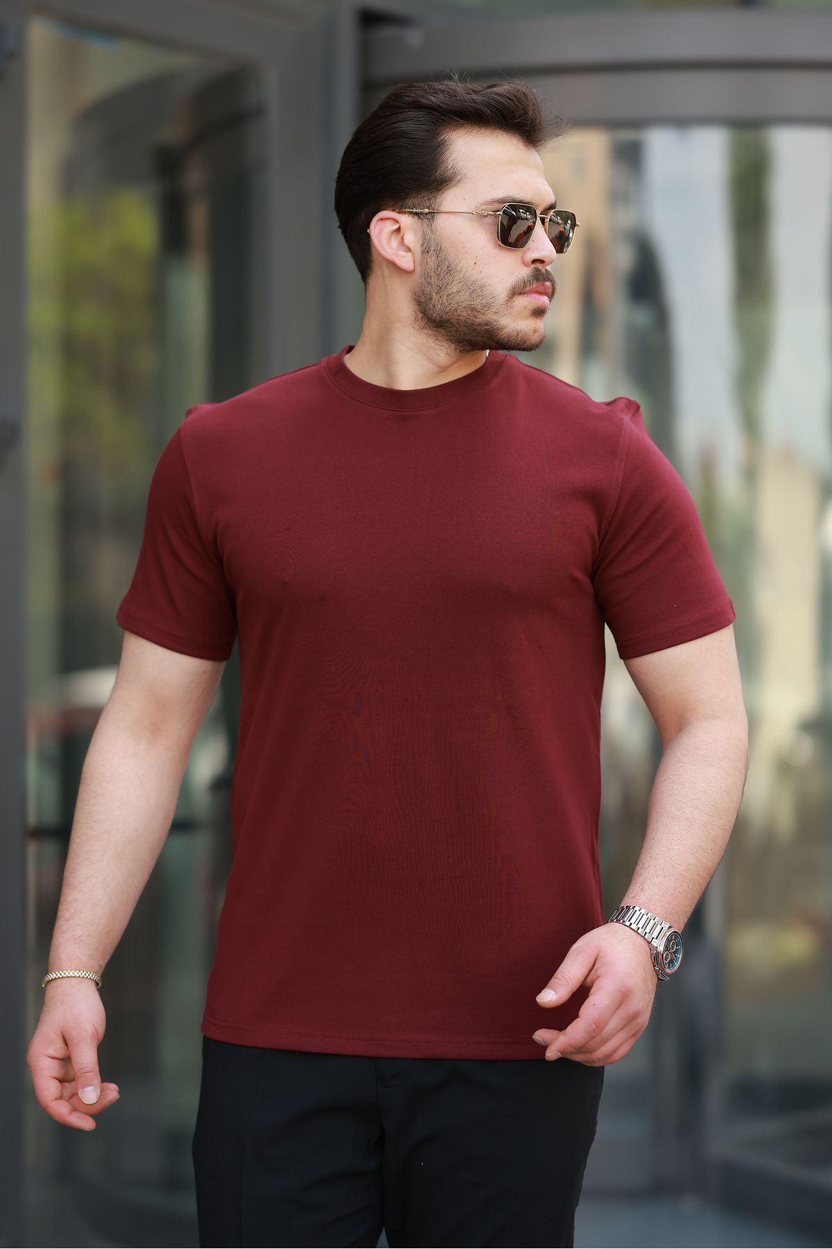 SALTİMORE Bordo Erkek %100 Pamuk Slim Fit Dar Kesim Bisiklet Yaka Basic Tişört