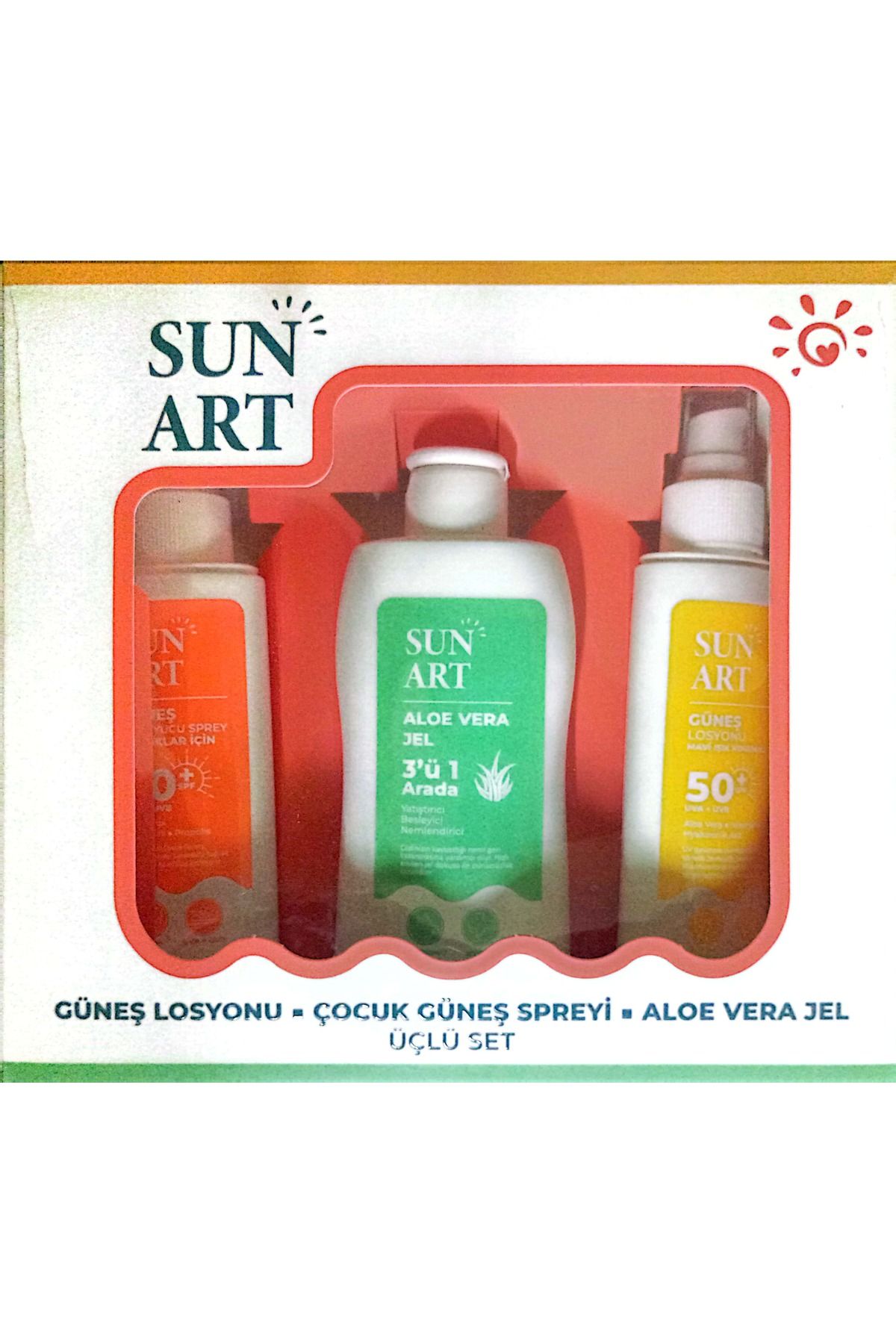 Sunart Güneş Kremi SPF 50+ 100 ml + Çocuklar için Sprey SPF50+ 100 ml + Aloe Vera Jel 200 ml Üçlü Set
