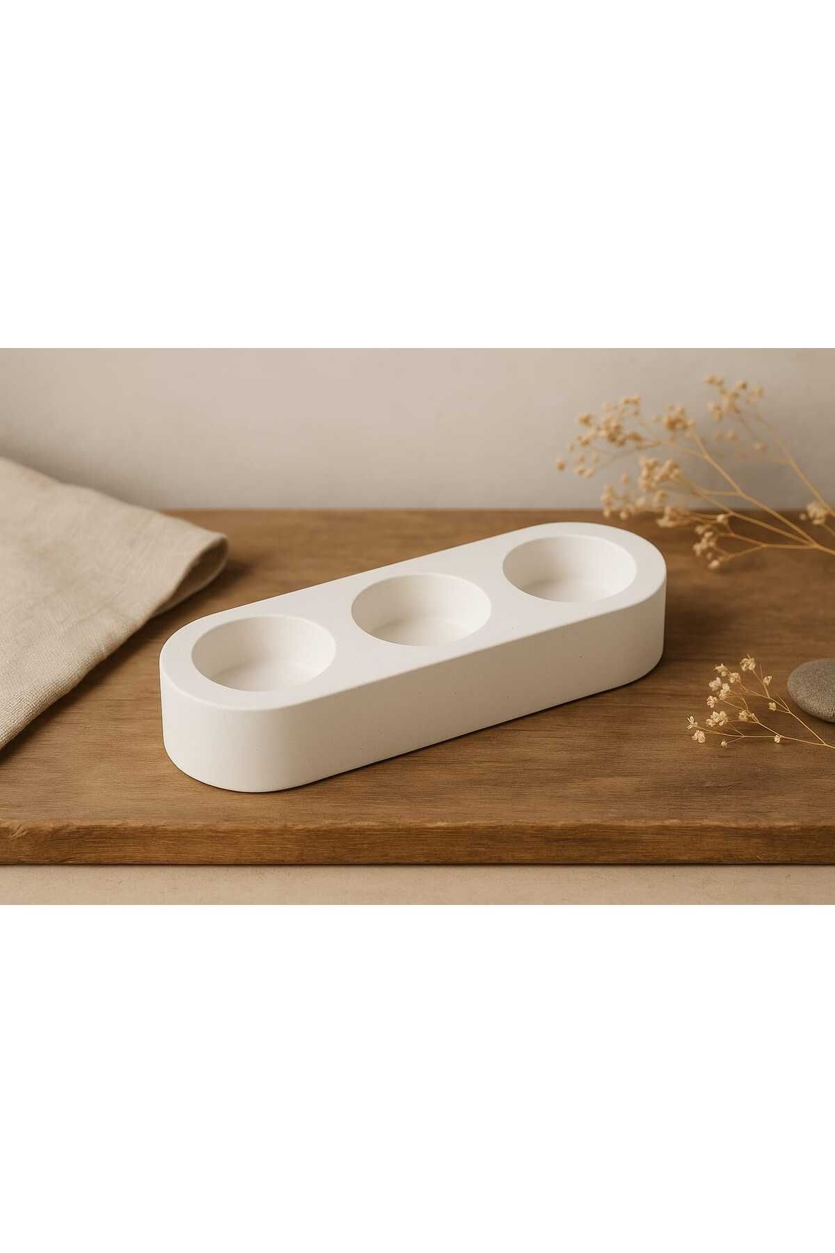 Ecomuse Home Tealight Mumluk | El Yapımı 3’lü Beton Tealight Mumluk | 18 × 6 cm Oval Tepsi