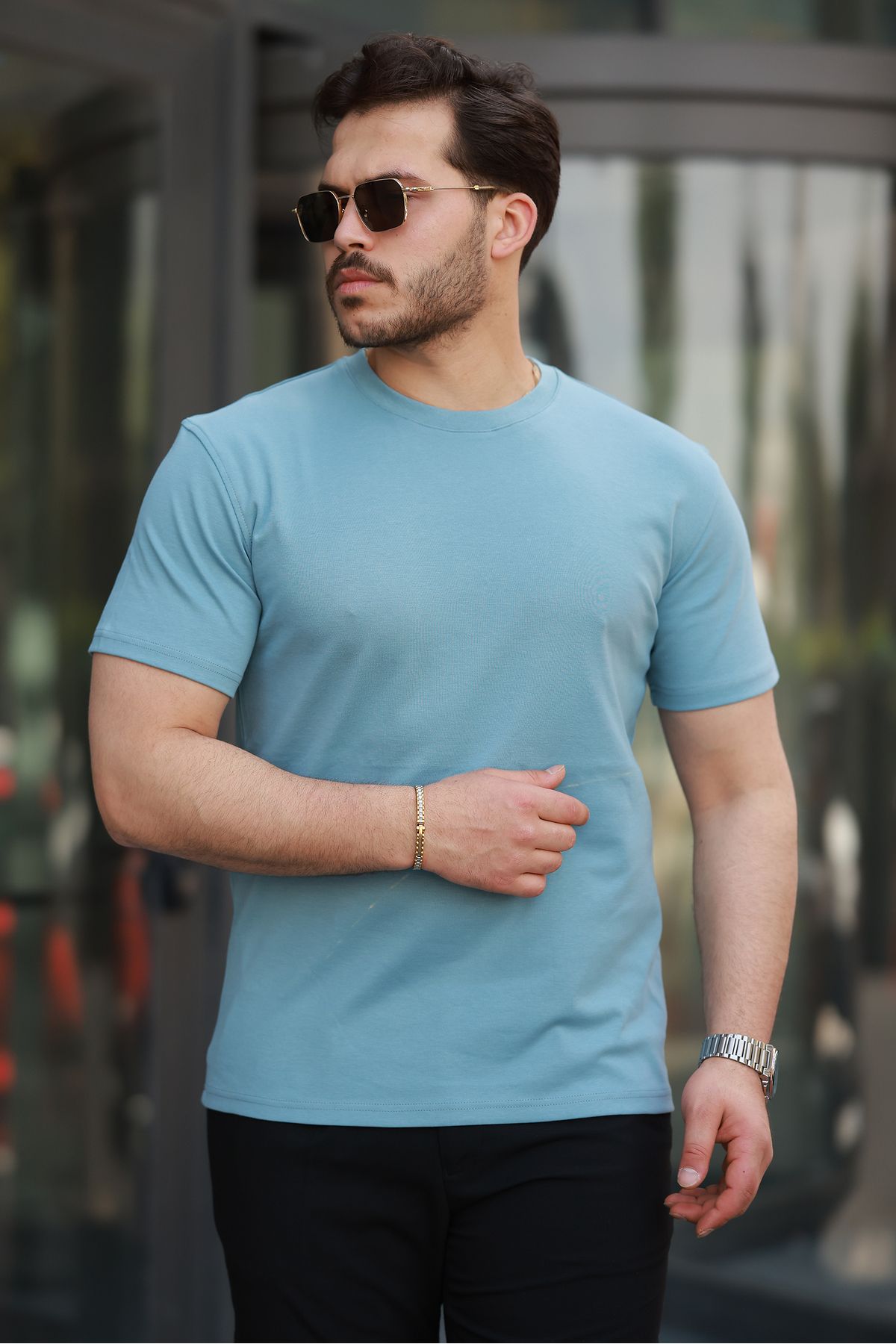 SALTİMORE Mavi Erkek %100 Pamuk Slim Fit Dar Kesim Bisiklet Yaka Basic Tişört