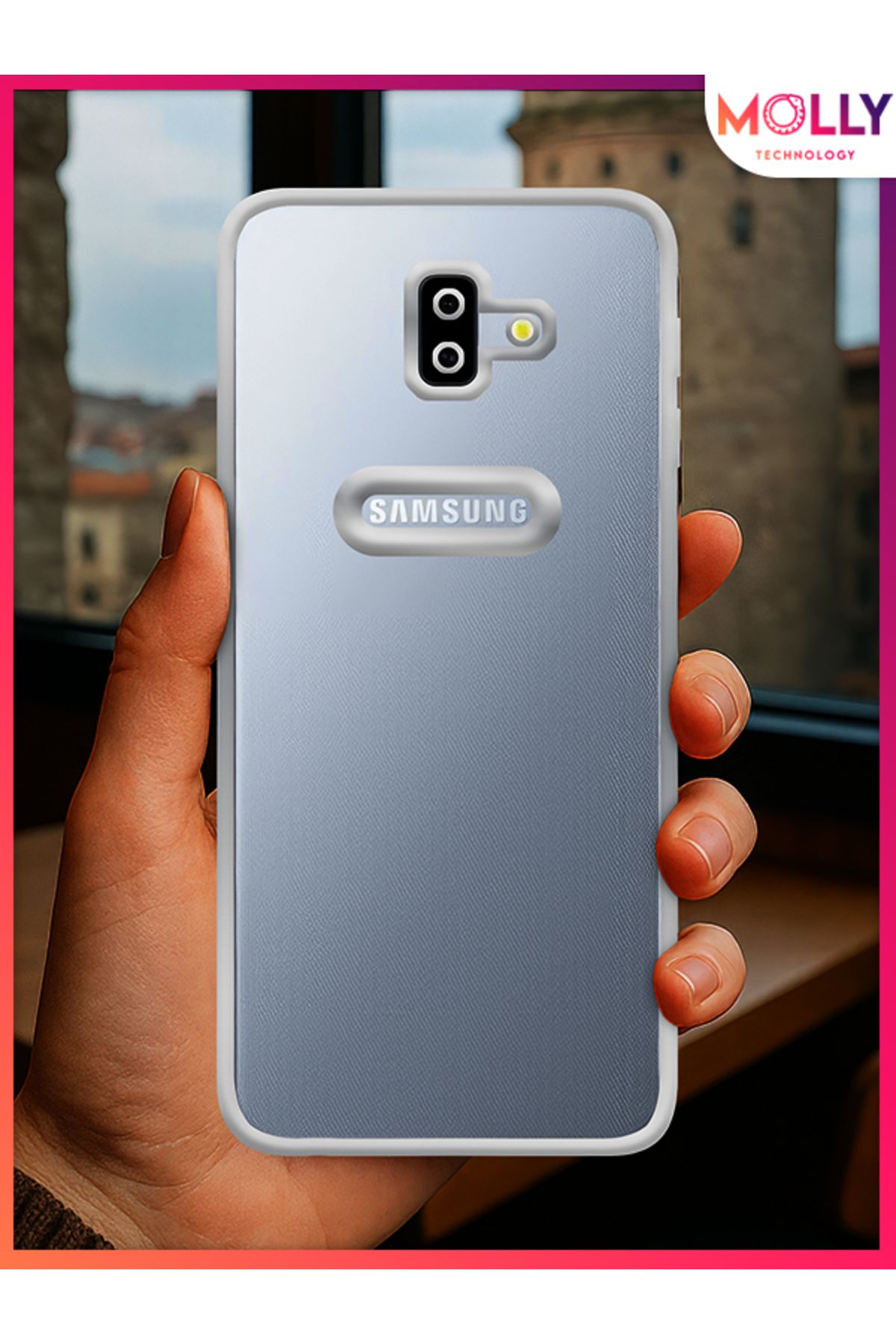 Molly Samsung Galaxy J6 PLUS İçin Kenarları Gümüş Lens Koruyuculu Lou Lazer Şeffaf Silikon Kılıf