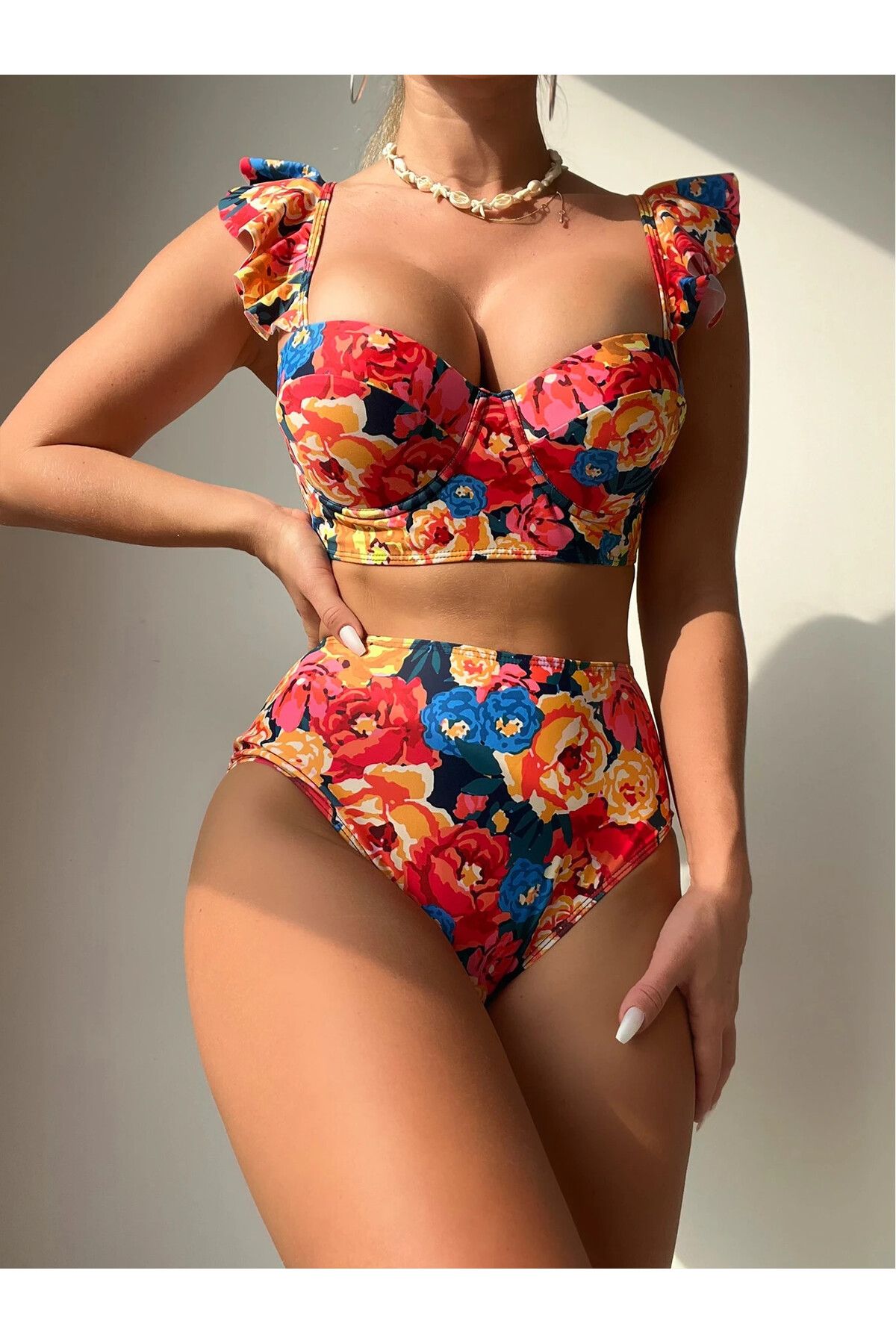 She My Love Çiçek Desenli Bikini Takımı Volanlı Kesim Toparlayıcı Üst ve Yüksek Bel Alt Mayo