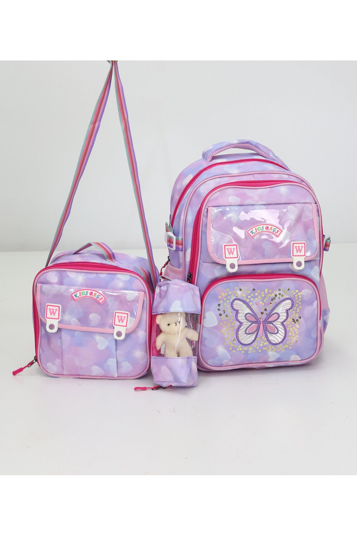 Probag Kız Çocuk 3'lü Okul Çanta Seti Sırt Çantası Beslenme Çantası Kalemlik Peluş Oyuncak Hediyeli
