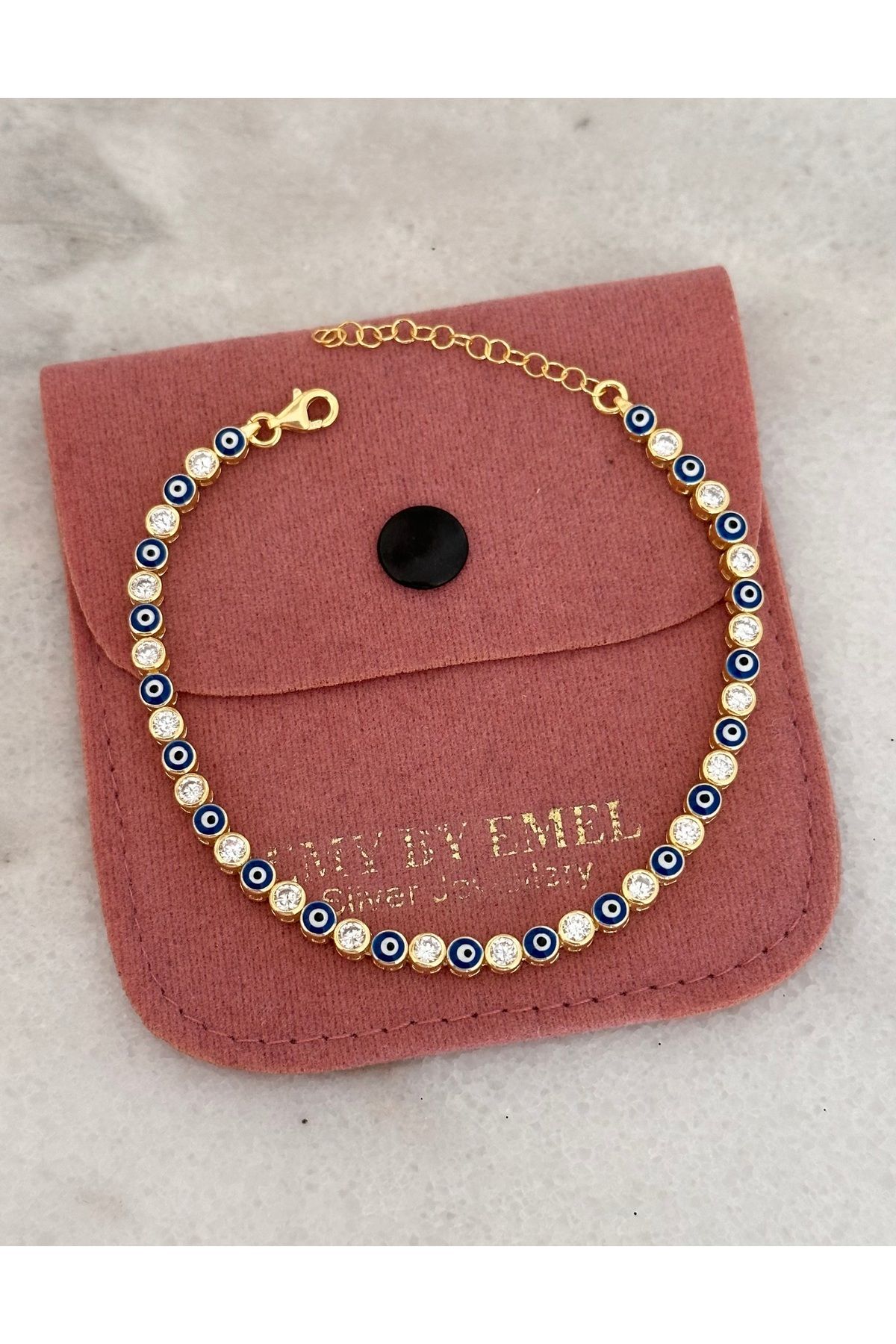 emy by emel luxury silver jewelry Altın Kaplama Taşlı Nazar Boncuklu Mineli Bileklik 925 Ayar Gümüş