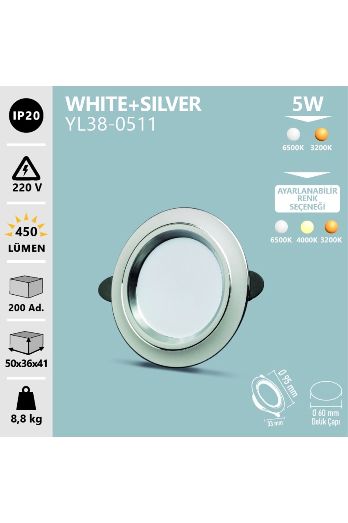 Led Spot 5w Beyaz Gümüş Kasa - Beyaz Işık Smd