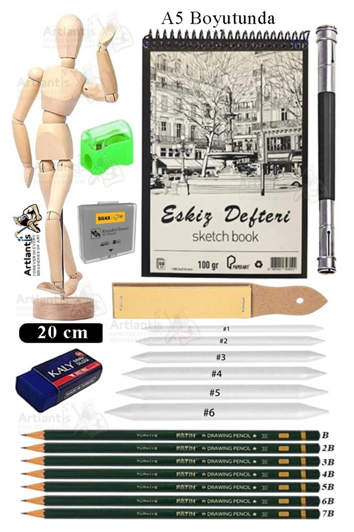 Artlantis Ahşap İnsan Modeli 20 cm A5 Eskiz Defteri Dereceli Karakalem Seti Dağıtma Kalemi Zımpara Kalem Uzatm