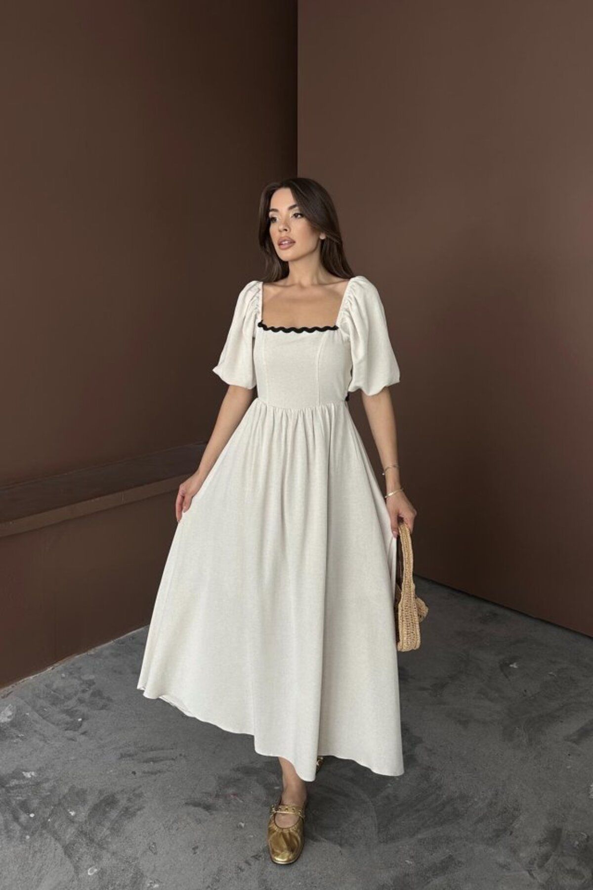 velmorafashion Bej Arkası Bağlamalı Keten Elbise