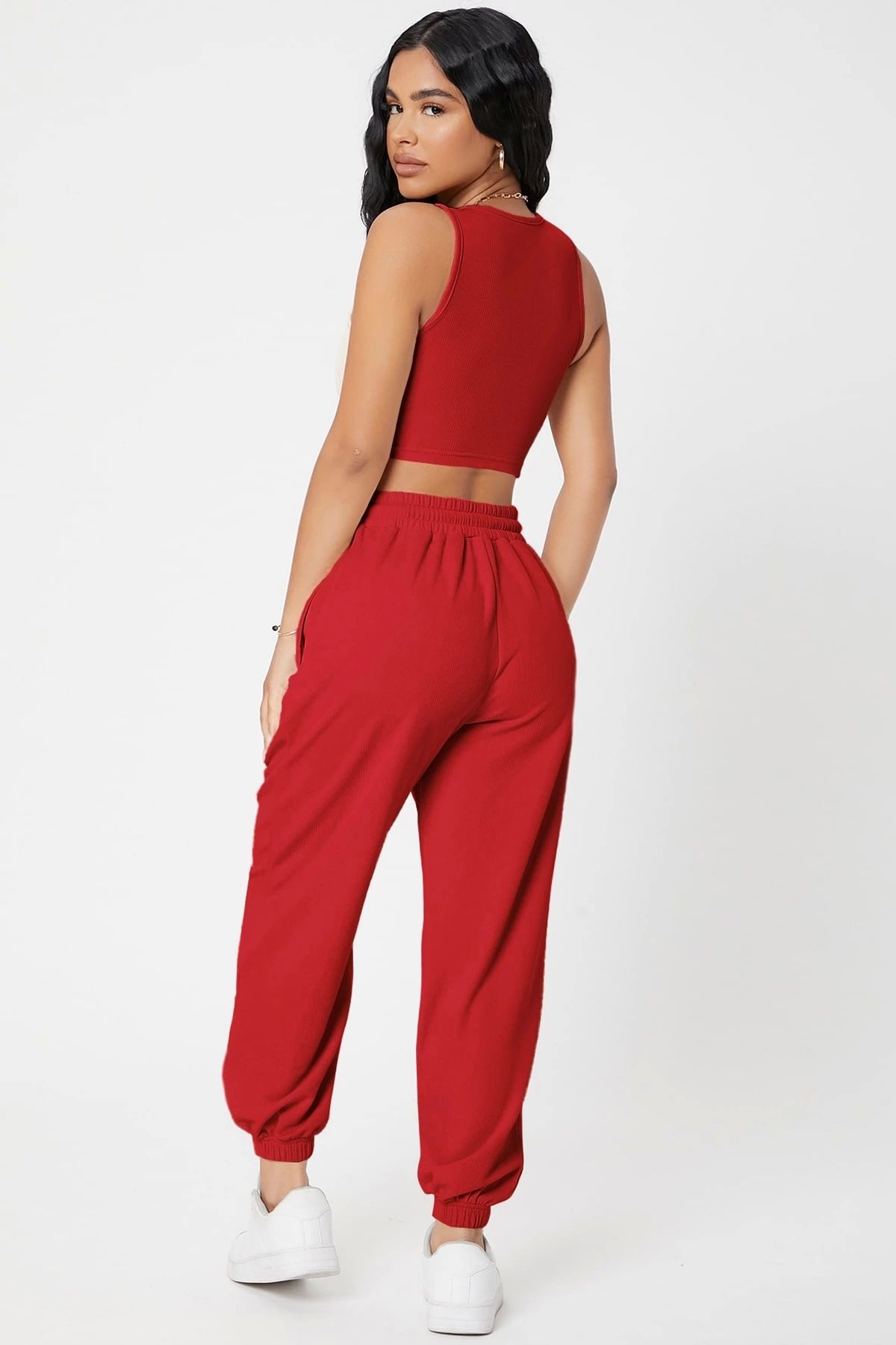 GiyimCity Kadın Kırmızı Kaşkorse Cepli Jogger Eşofman Altı ve Crop Top Bluz