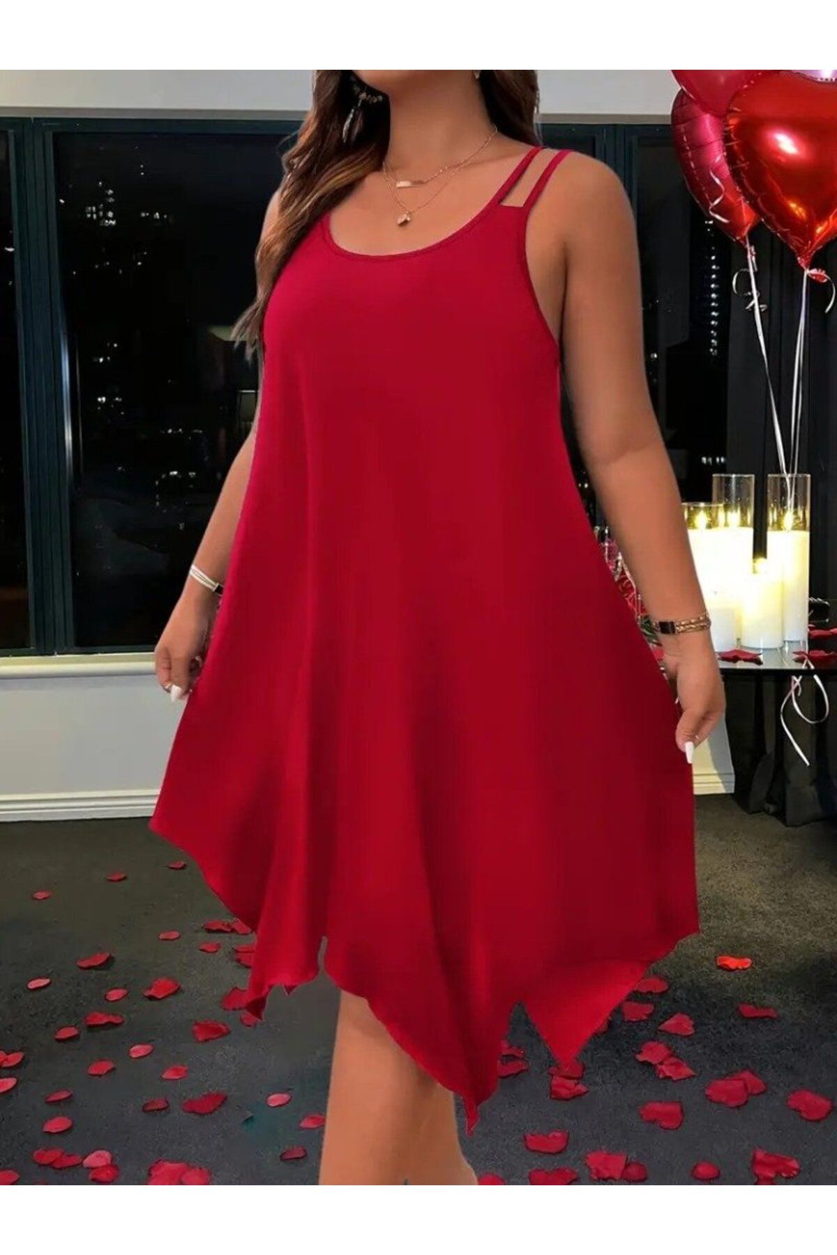 velmorafashion Kadın Askılı Yuvarlak Asimetrik Kesim Detaylı Viskon Elbise
