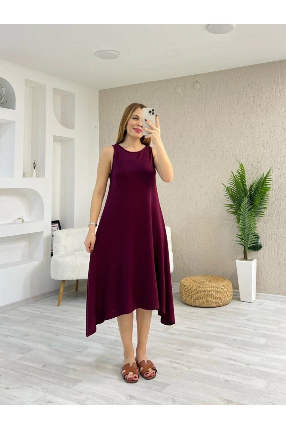 velmorafashion Kadın Askılı Yuvarlak Yakalı Asimetrik Kesim Detaylı Viskon Elbise