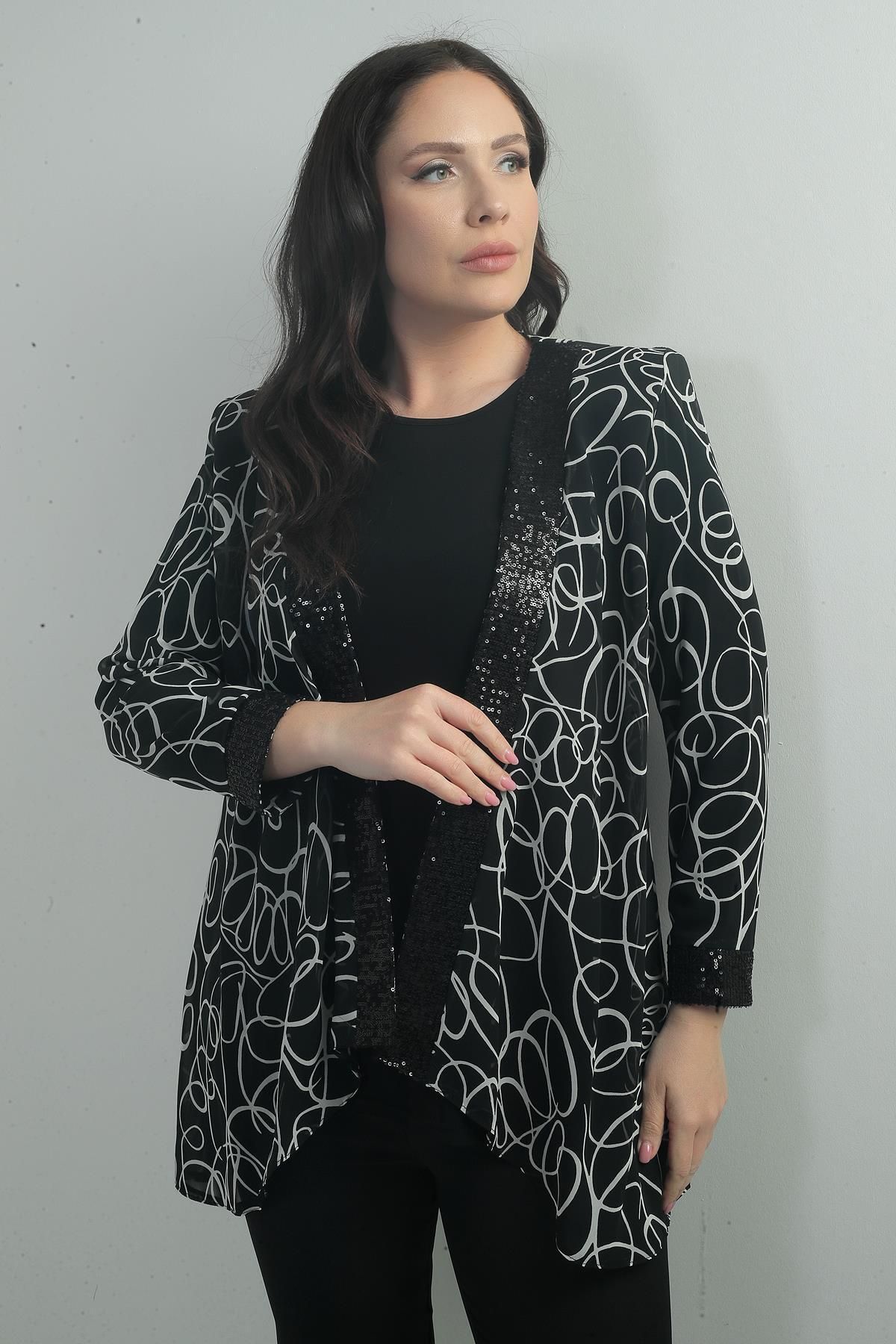 By Saygı-Women's Front and Sleeve Tip Pulpayet Detailed Abstract Patterned Chiffon Jacket Long Sleeve Lycra Blouse Large Size 3
