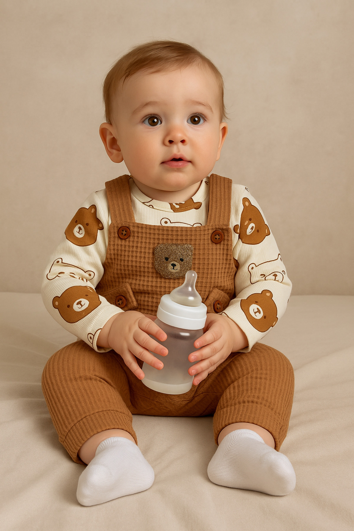 NAFİTTO Ayı Nakışlı Erkek Bebek Tulum 3’lü Tulum Seti – Zıbın, Tulum Ve Çorap | 3-6-9 Ay Bebek Kıyafeti fotoğrafı 6 (önizleme)