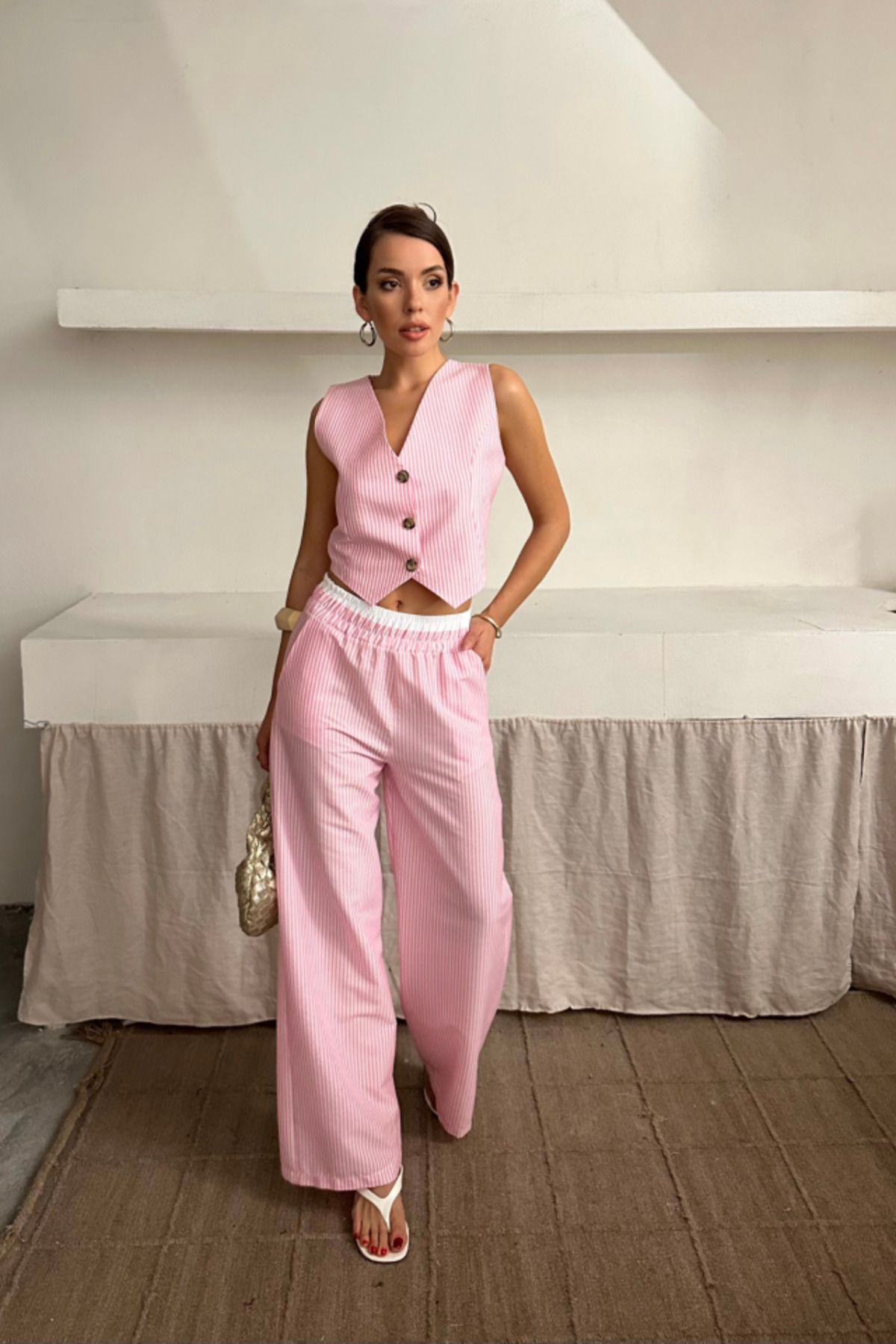 royq GOFRE ÇİZGİLİ YELEK - PANTOLON TAKIM - Pembe