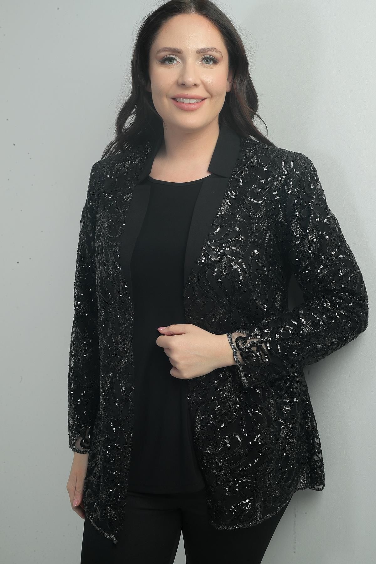 By Saygı Kadın Pullu Tül Ceket Likralı Uzun Kol Bluz Büyük Beden 2'li Takım