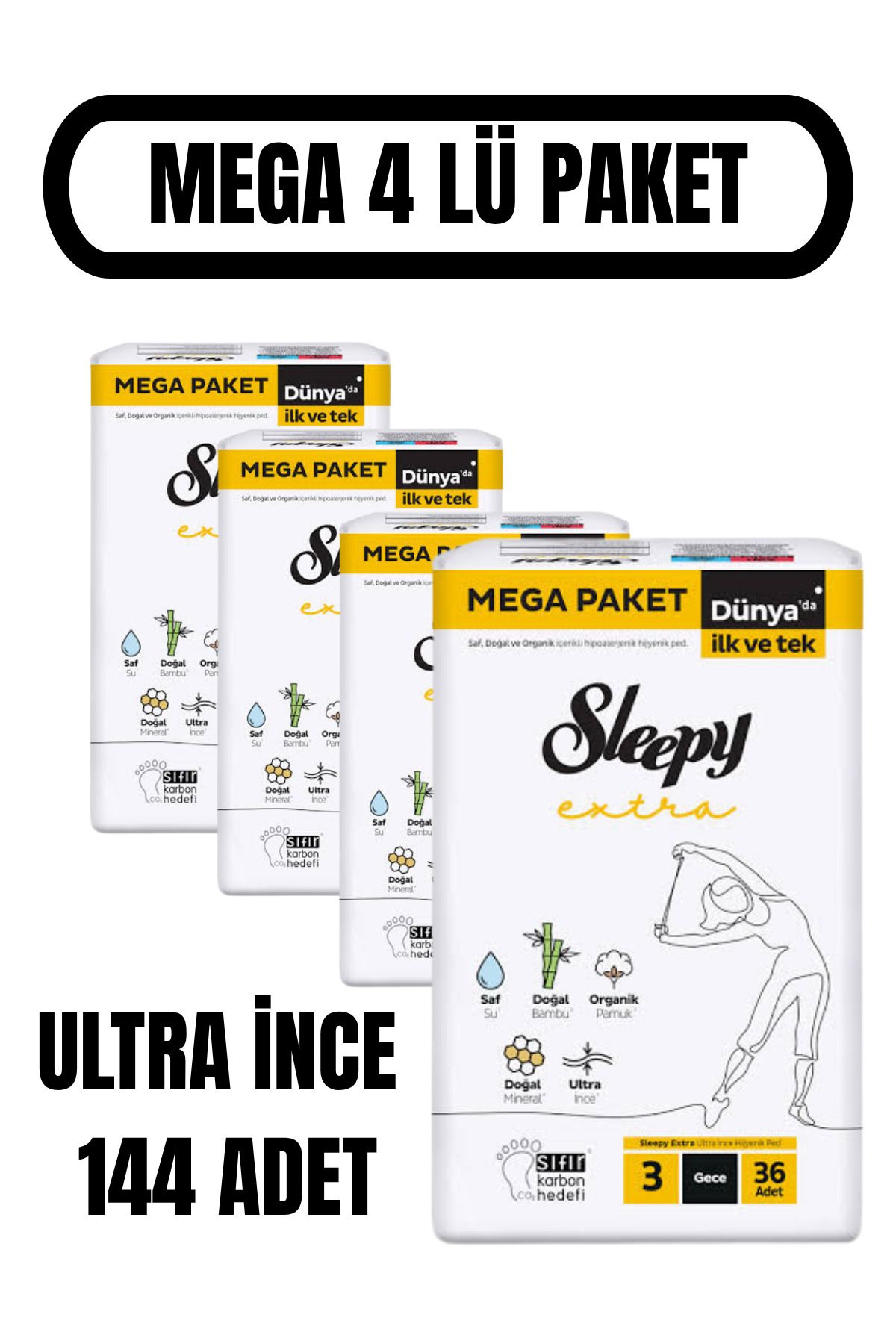 Sleepy Extra Ultra İnce Hijyenik Ped Mega Paket Gece 36×4 (144 Adet)