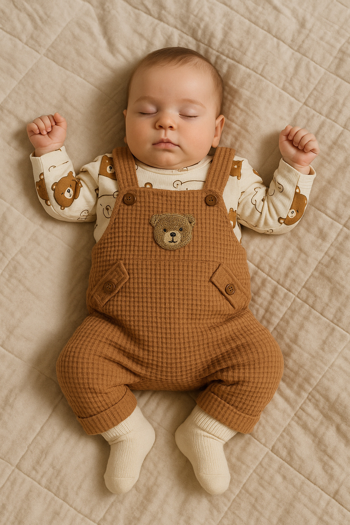 NAFİTTO Ayı Nakışlı Erkek Bebek Tulum 3’lü Tulum Seti – Zıbın, Tulum Ve Çorap | 3-6-9 Ay Bebek Kıyafeti fotoğrafı 3 (önizleme)