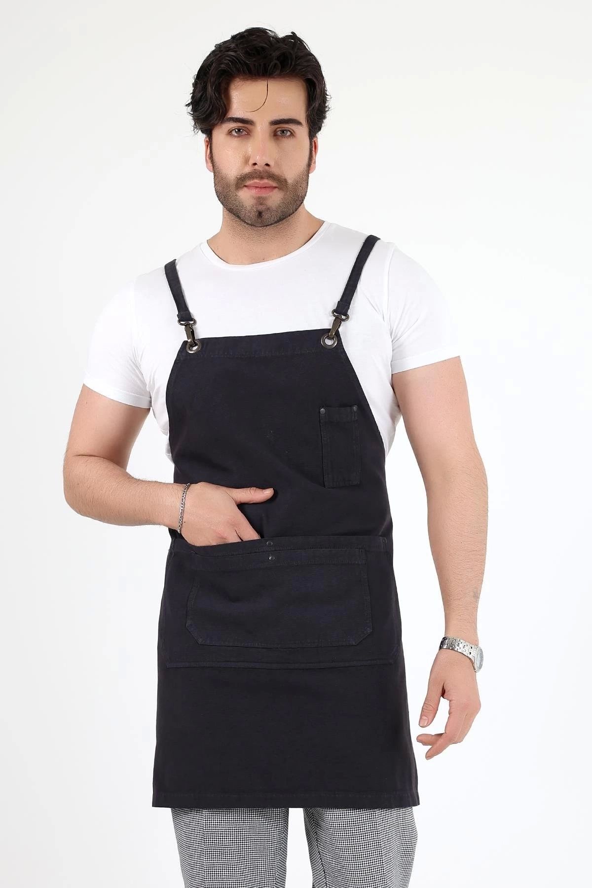bianada Barista Askılı Önlük Çift Cepli - Füme