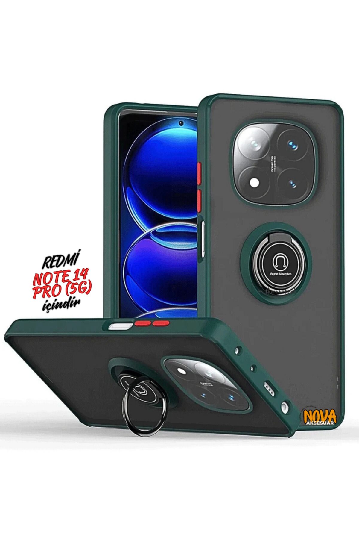 cepmoda Xiaomi Redmi NOTE 14 PRO (5G) - Yüzüklü Standlı Mat Soft Kapak/Kılıf - YEŞİL