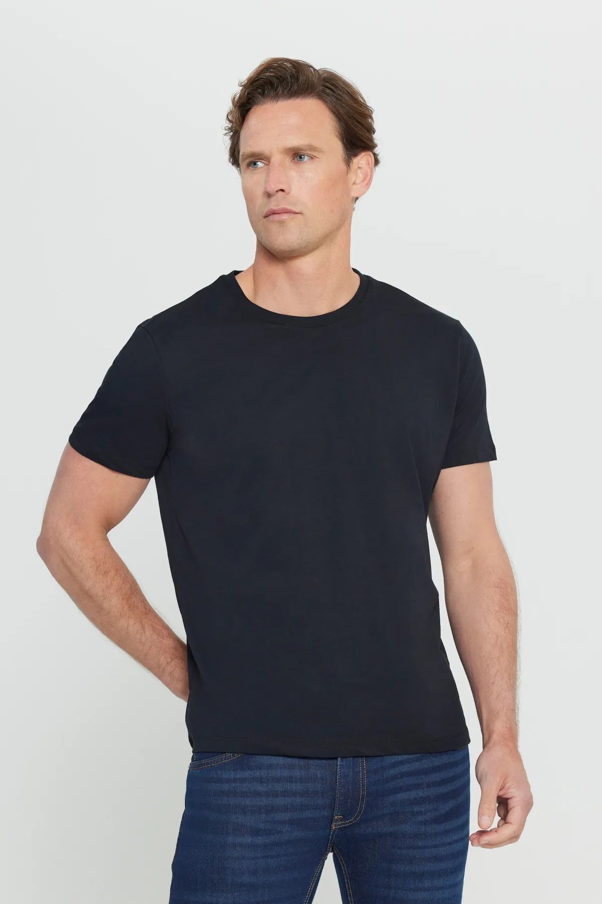 Aca Erkek Tişört Sıfır Yaka Siyah Basic %100 Pamuk Standart Kalıp T-shirt