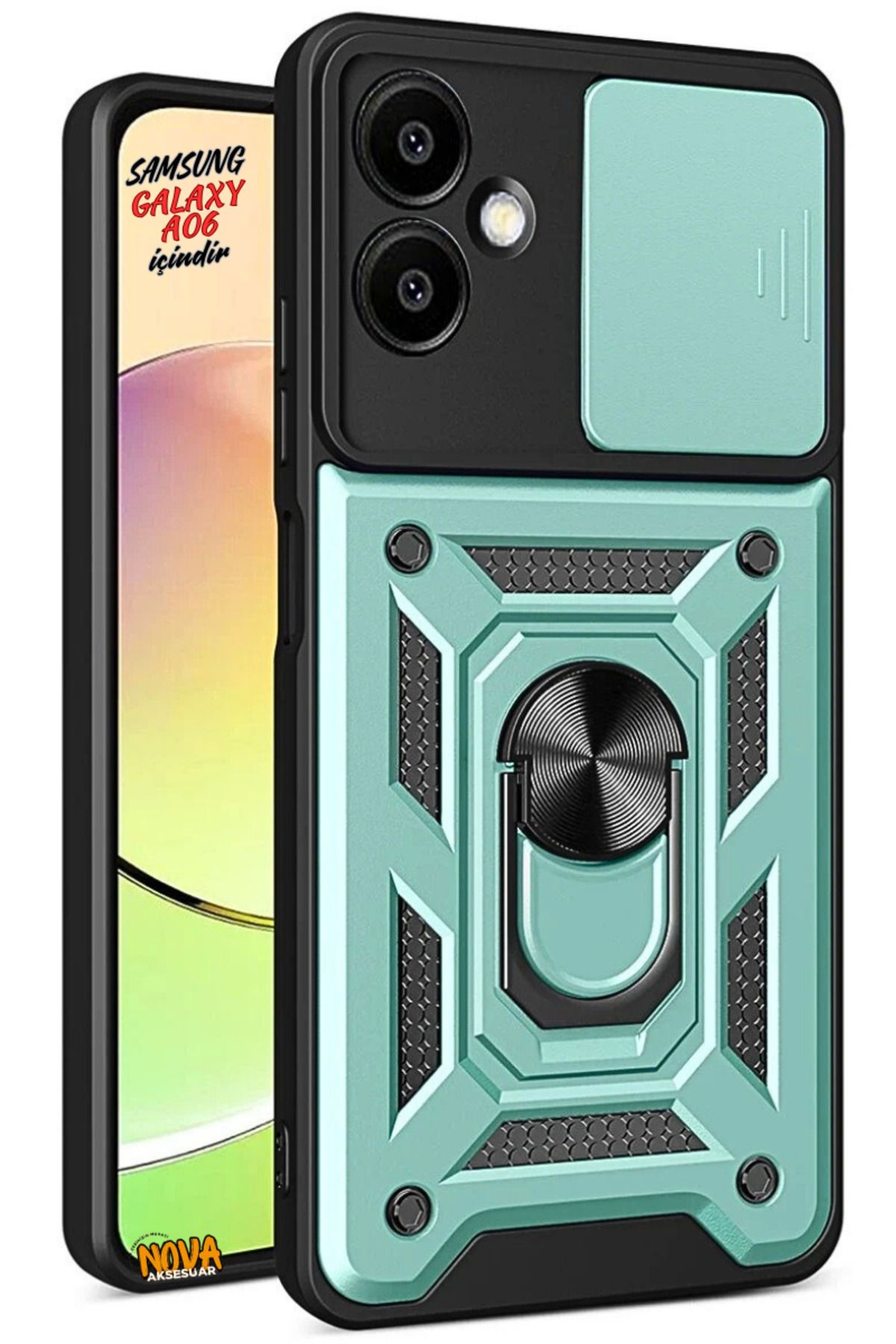 cepmoda Samsung Galaxy A06 - Panzer/Tank Kılıf-Kapak Kamera Sürgülü Standlı Yüzüklü - YEŞİL