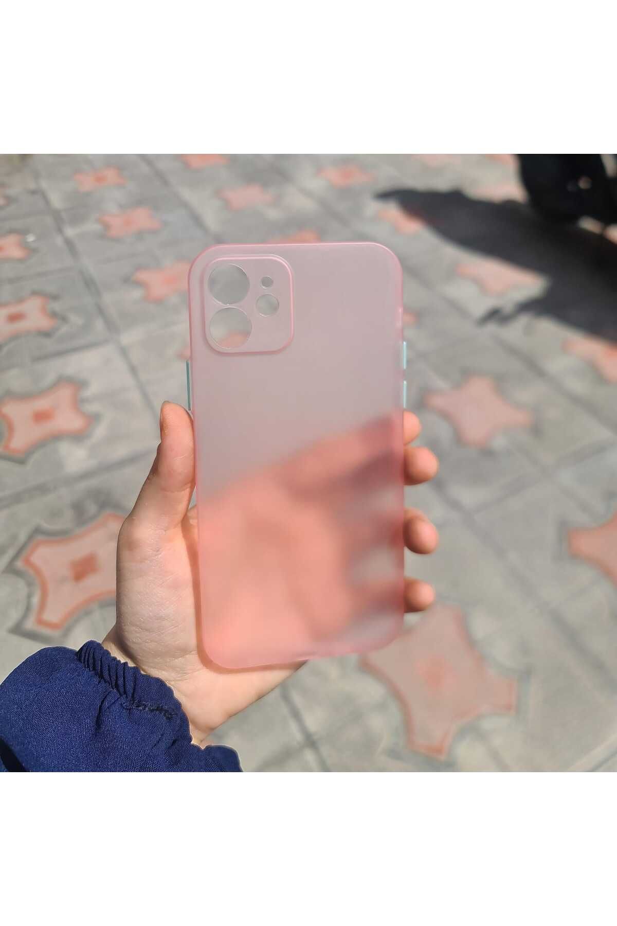 CEP-HANE Apple İphone 12 Yan Tuşlar Renkli Şeffaf Pembe Kılıf