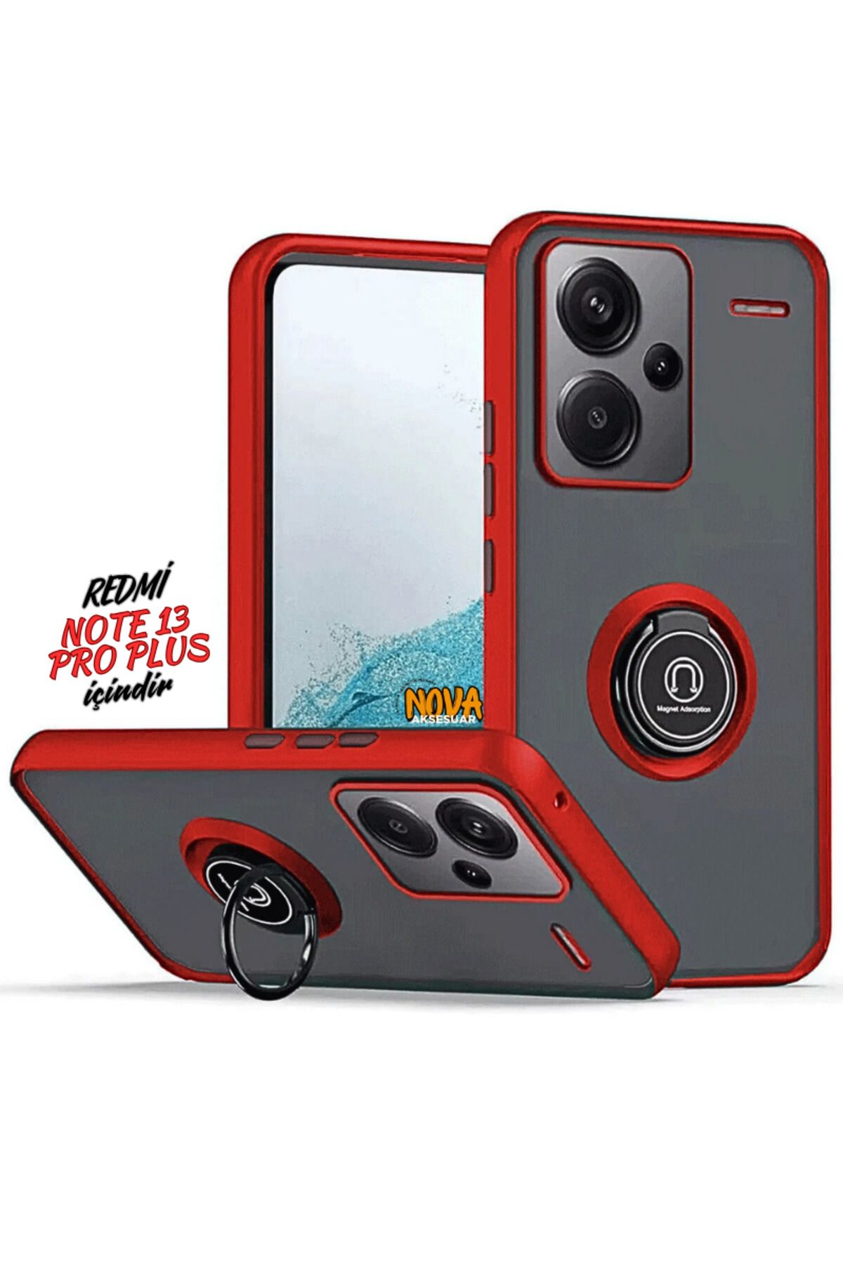 cepmoda Xiaomi Redmi NOTE 13 PRO PLUS - Yüzüklü Standlı Mat Soft Kapak/Kılıf - KIRMIZI