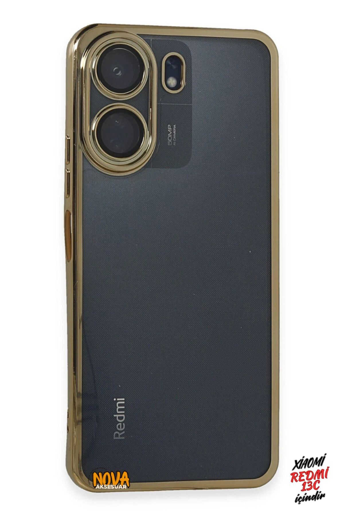 cepmoda Xiaomi Redmi 13C - Yanları Renkli Kamera Lens Korumalı Şeffaf Kapak/Kılıf - Gold