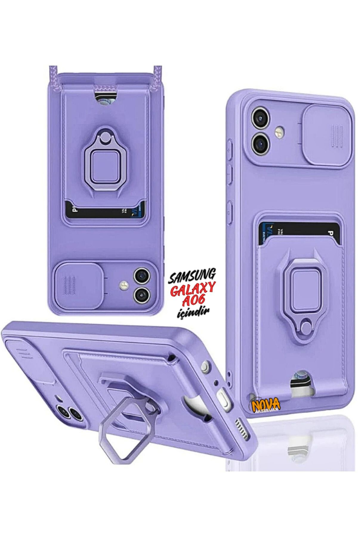 cepmoda SAMSUNG GALAXY A06 Boyun Askılı Kılıf | Ring Stand ipli Kamera Sürgülü Kapak - LİLA