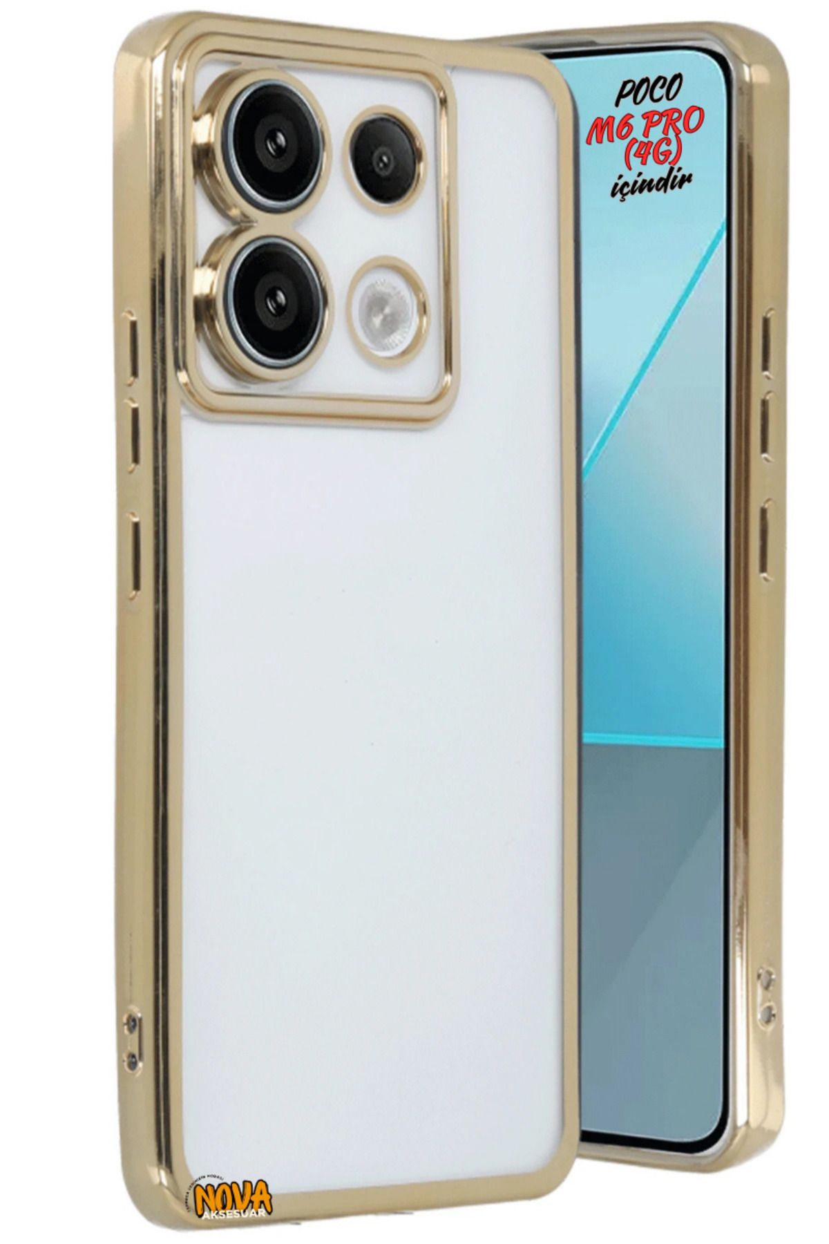 cepmoda Xiaomi POCO M6 PRO (4G) - Yanları Renkli Kamera Lens Korumalı Şeffaf Kapak/Kılıf - Gold